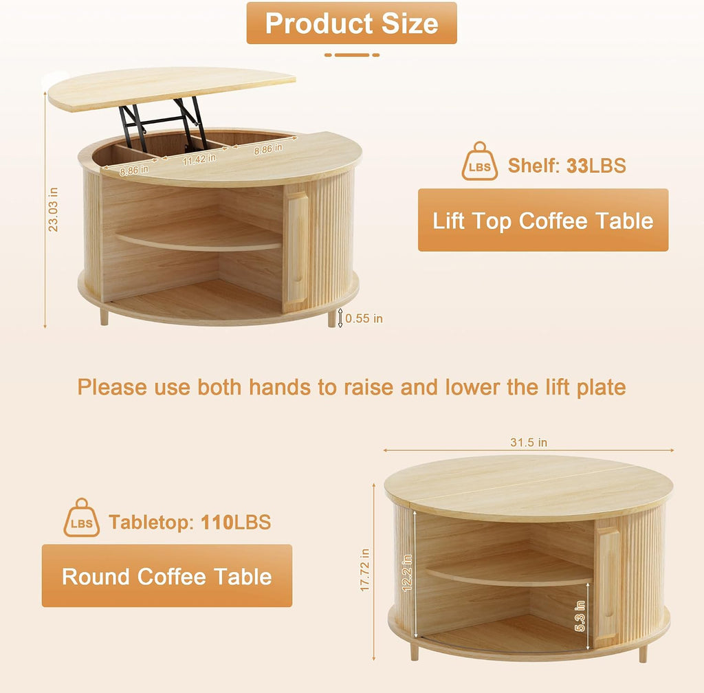 Round Lift Top Coffee Table, 31.5' Fluted Wood Lift Up Center Table with Sliding Door & Hidden Storage – Mid Century Modern Circle Coffee Table for Living Room, Apartmentm, Home Office (Natural)