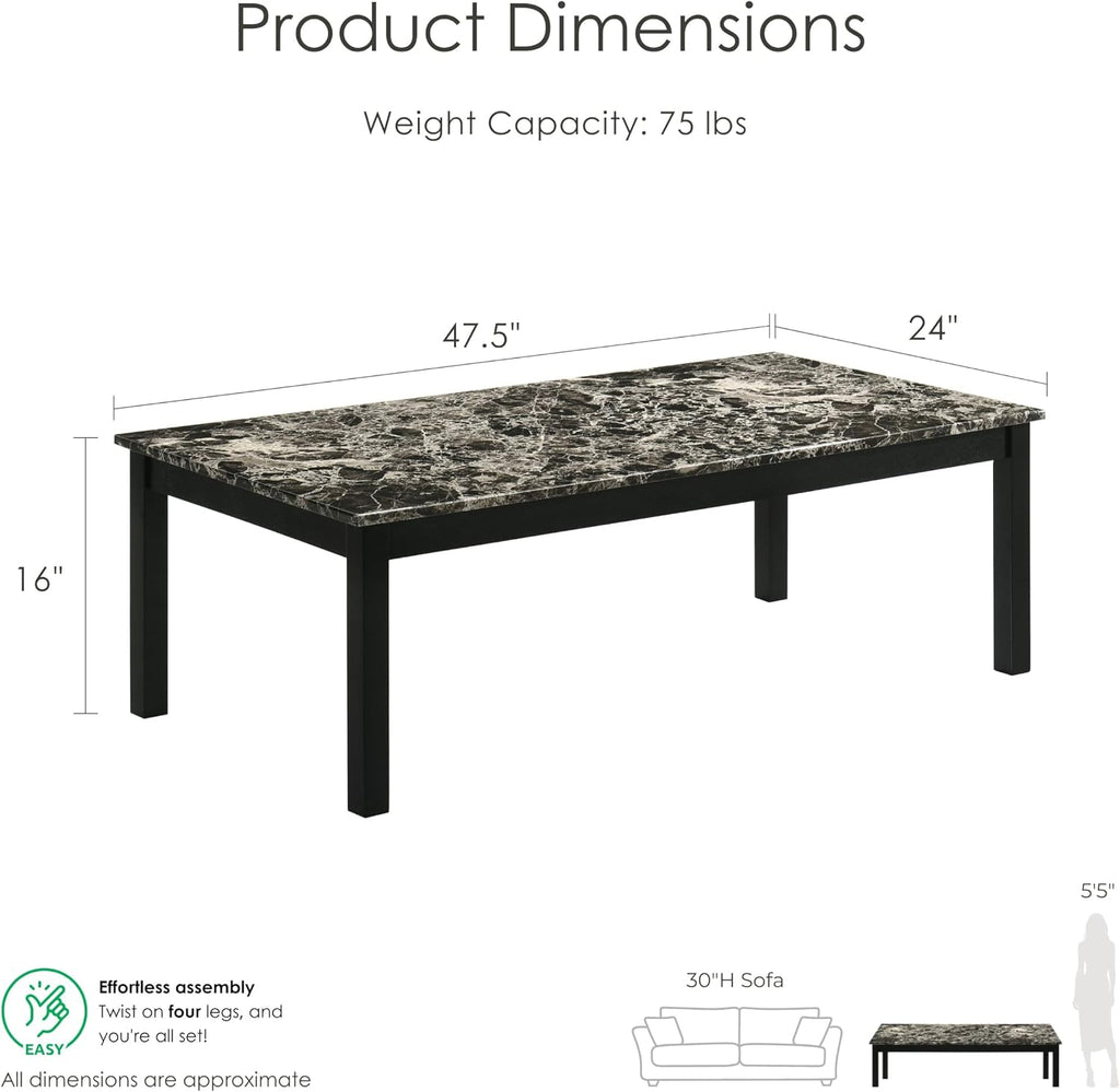 Furniture of America Isime Modern Contemporary Solid Wood 47.5-inch 3-Piece Coffee Table Set with Faux Marble Top for Living Room, Office, Black and White