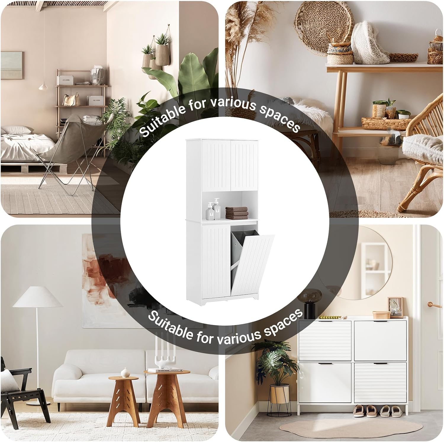 SoBuy Double Tilt Out Laundry Hamper Cabinet, Tall Bathroom Storage Cabinet with Adjustable Shelves and Hidden Pull Out Basket, Freestanding Storage Organizer for Laundry Room, White SO2-BZR150-W
