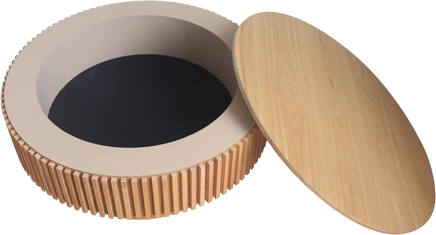 31.5'' Round Coffee Table with Storage Space, Modern Wood Circle Fluted Drum Pedestal Coffee Table for Living Room, Easy Assembly, Oak (ø31.49'' x 14'')