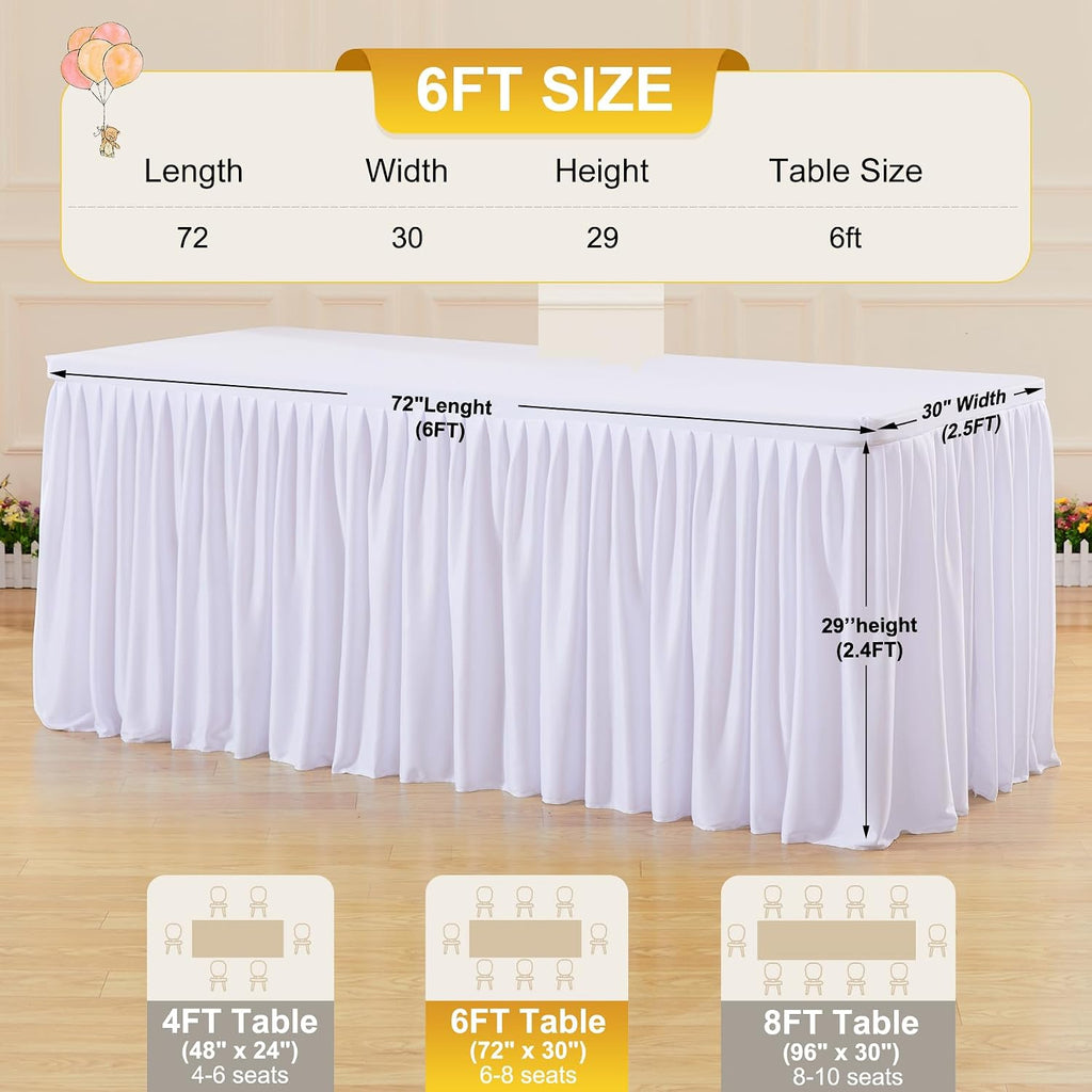 6 Packs White Tableclothes for 6 Foot Rectangle Tables, Wrinkle Free Fitted Table Cloth 6ft Stretch Table Cover with Skirt for Parties Weddings Birthday Banquet Baby Shower