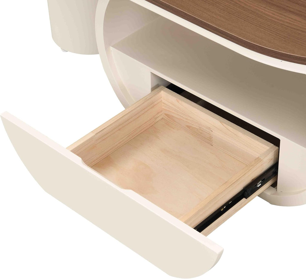 Luxury Oval Coffee Table, 47'' Modern Living Room Table with Storage Drawer, Wooden Wulnut MDF Top Sturdy Metal Base Beige White, Large Center Tables for Home Apartment
