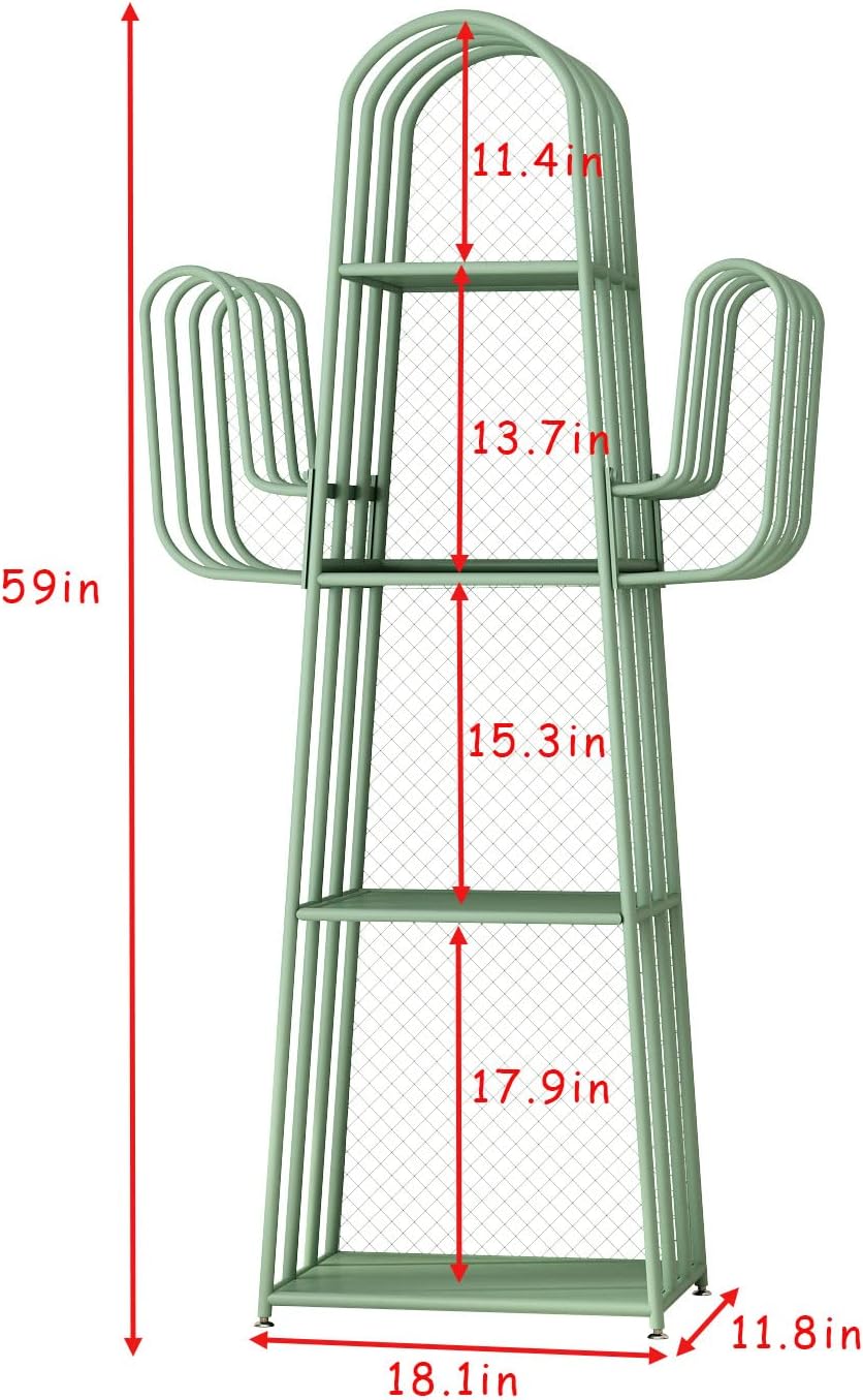 DOORXIF 4-Tier Ladder Green Bookshelves Freestanding, Cactus Bookcase Storage Organizer Closet Corner Metal Display Cabinet, Corner Bookshelf for Small Spaces, Green Bookcase for Bedroom Office