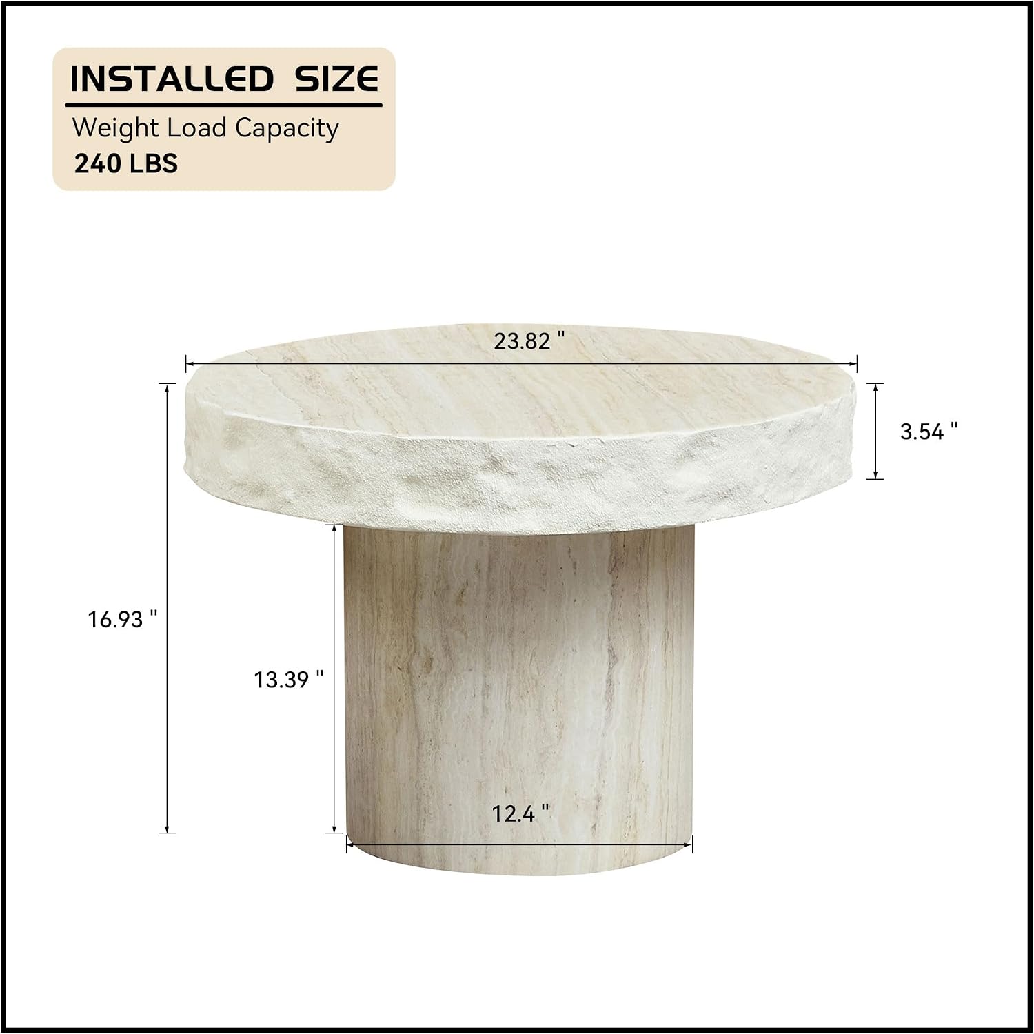 WILLIAMSPACE 23.82' Round Coffee Table with Faux Mars Pattern for Living Room, Modern Fiberglass Circle Travertine Center Table with Base, Faux Stone Tea Table for Apartment, No Need Assembly (Beige)