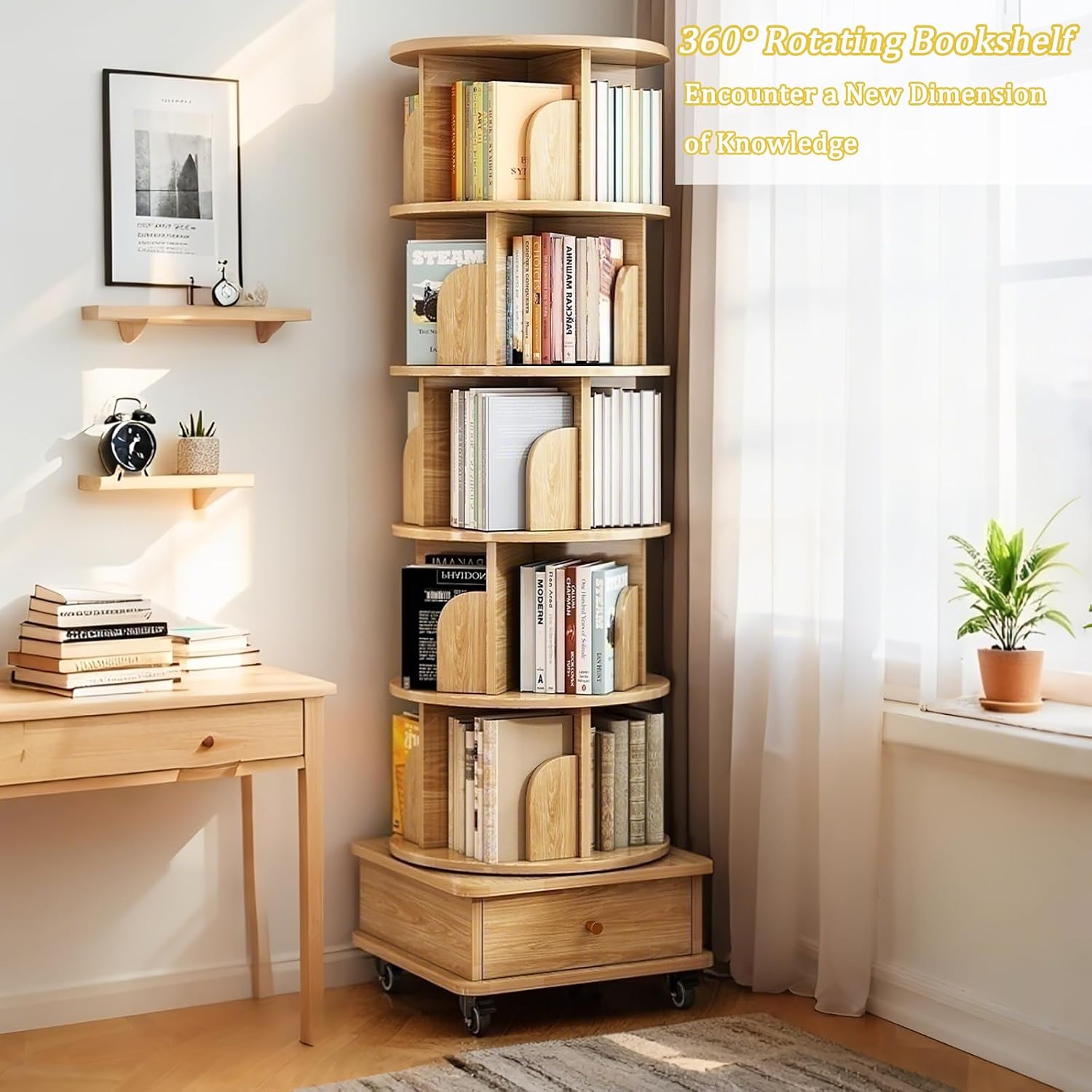 6 Tier Rotating Bookshelf 360° Spinning with Wheels & Drawer, Space Saving Storage Shelf for Small Spaces, Home Office Corner, Living Room, Bedroom