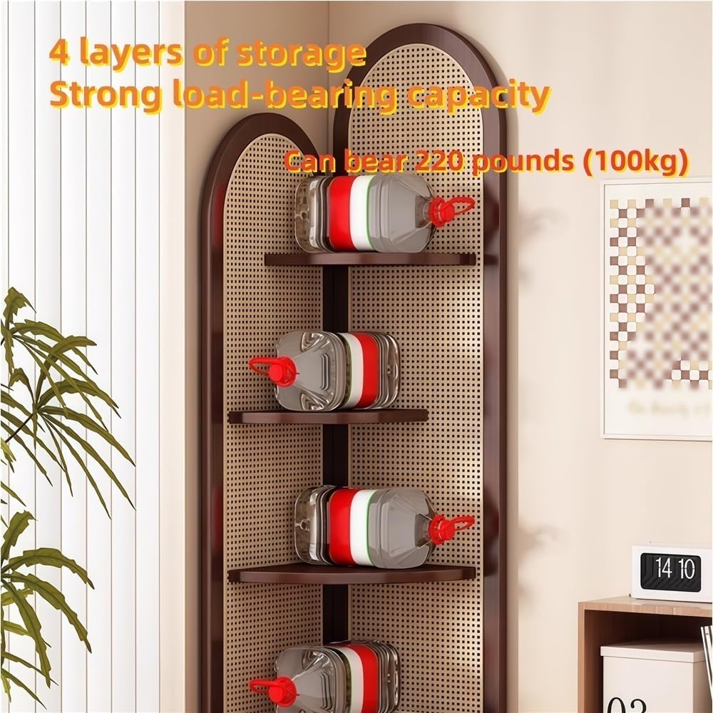 4 Tier Corner Shelf, Rattan Display Shelves with Solid Wood Frame, Bookshelf Stand for Living Room, Bedroom, or Office(Natural)