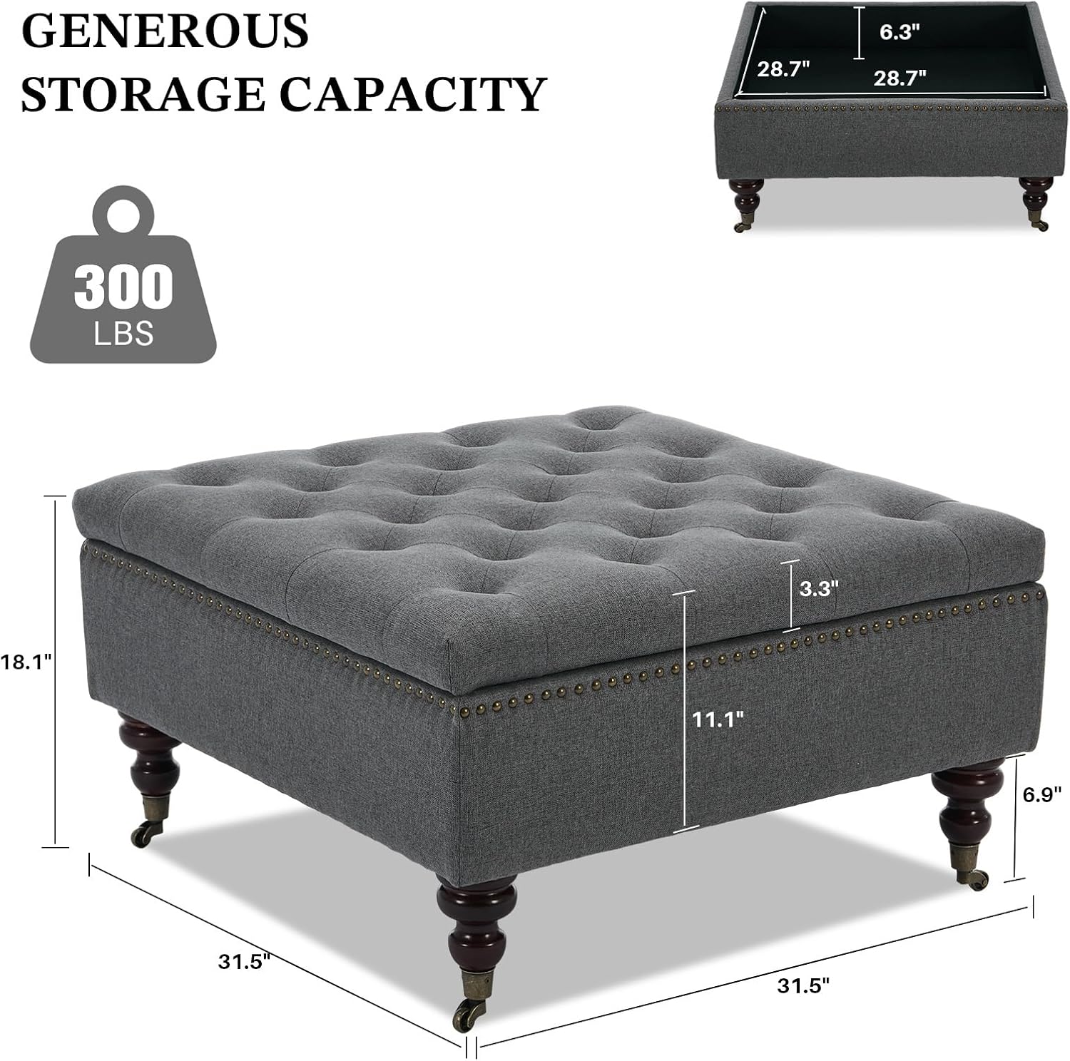 Square Storage Ottoman Coffee Table Tufted Upholstered Large Ottoman with Storage and Rolling Wheels Oversized Footrest Ottomans for Living Room, Dark Grey Linen