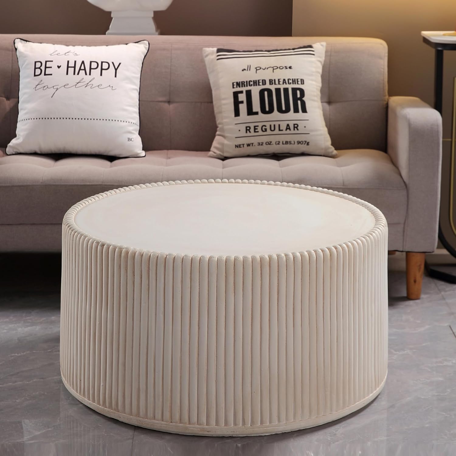 Off-White MGO Round Coffee Table for Indoors and Outdoors, 29.53' Mid-Century Modern Magnesium Oxide Fluted Drum Coffee Table, Circle Cocktail Tea Table for Living Room, No Assemble