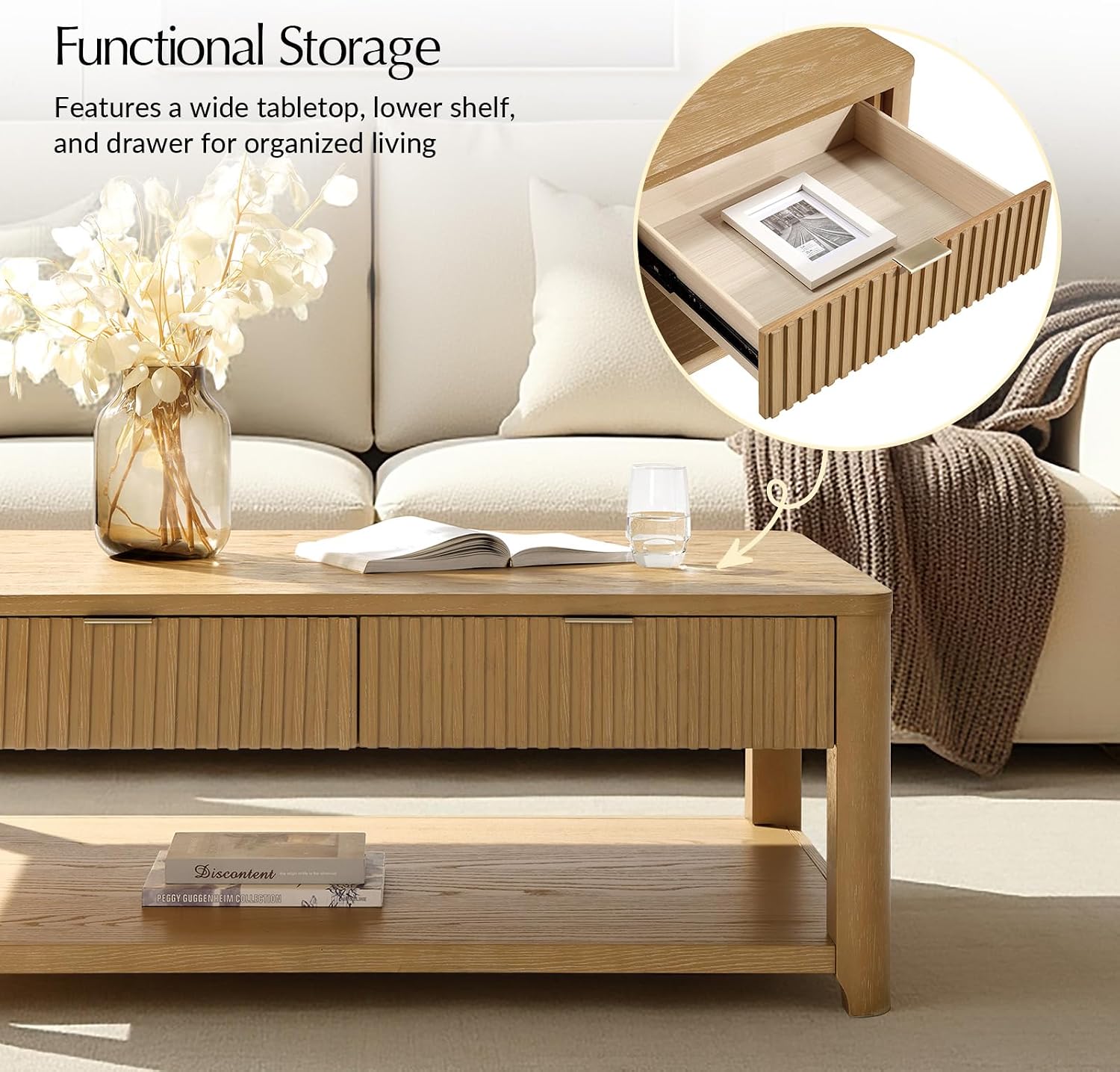 HULALA HOME Modern Fluted Coffee Table with Storage, Wood Oak Veneer Coffee Table with Wide Tabletop, 2 Drawers and Lower Shelf for Living Room, Easy Assembly, Natural