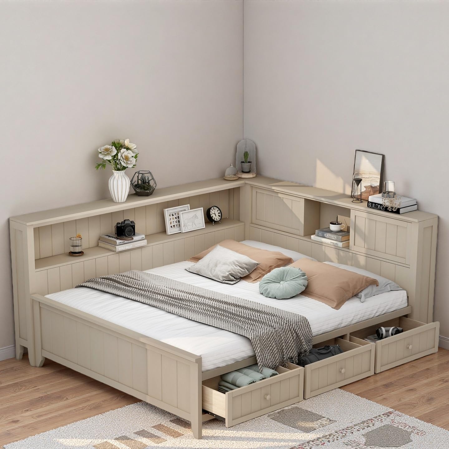 RuiSiSi Twin Daybed with Storage Drawers, Wood Twin Size Corner Bed Frame with Storage Shelves and Headboard, White Milk