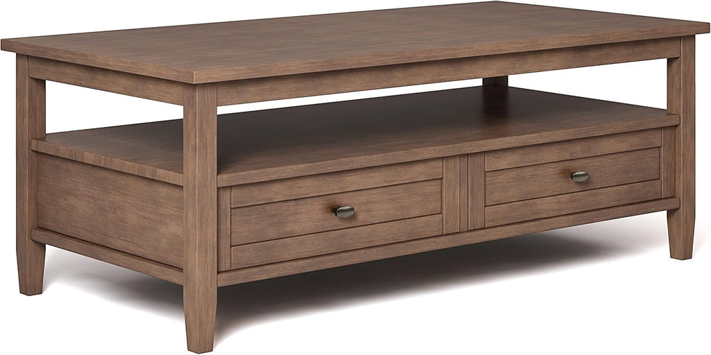SIMPLIHOME Warm Shaker Coffee Table - 48 inch Wide Solid Wood Coffee Table in Rustic Natural Aged Brown, Transitional Living Room Table with 2 Drawers, Open Shelf, Shaker Fronts and Tapered Legs