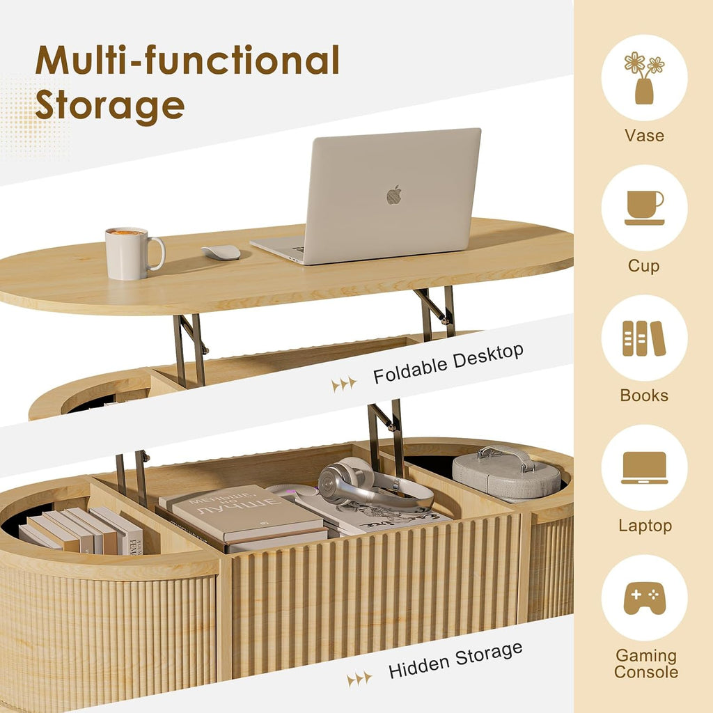 LYNCOHOME Fluted Lift Top Coffee Table with Storage,Modern Oval Coffee Table for Living Room Or Home Office（Natural）