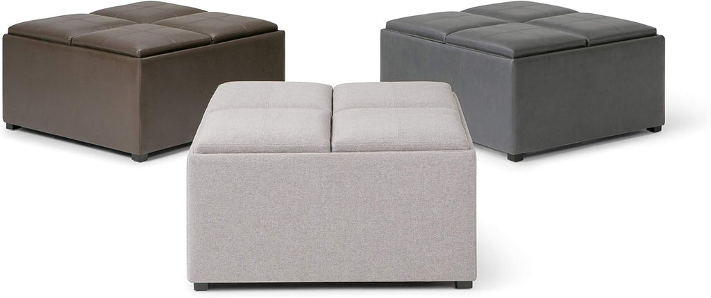 SIMPLIHOME Avalon 35 inch Wide Contemporary Square Coffee Table Storage Ottoman in Chocolate Brown Vegan Faux Leather, Assembled, For the Living Room and Bedroom