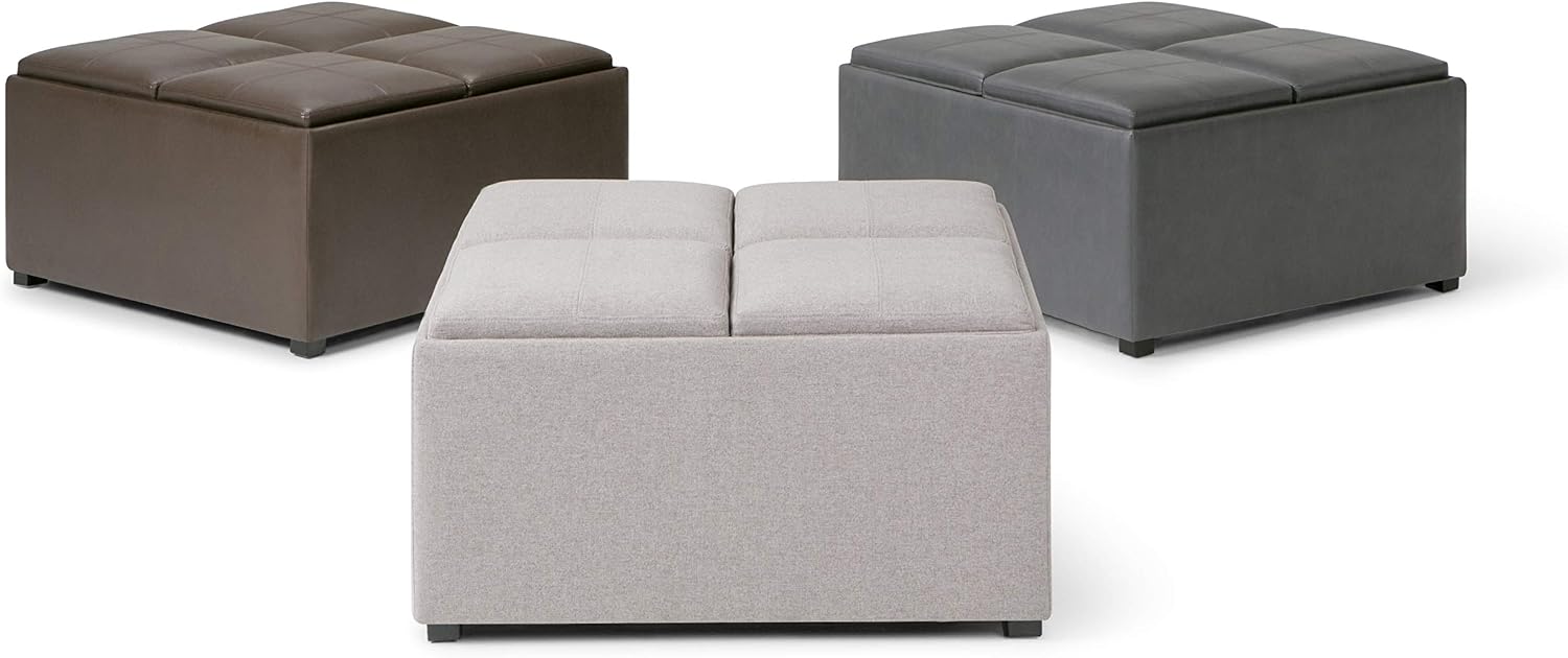 SIMPLIHOME Avalon 35 inch Wide Contemporary Square Coffee Table Storage Ottoman in Chocolate Brown Vegan Faux Leather, Assembled, For the Living Room and Bedroom