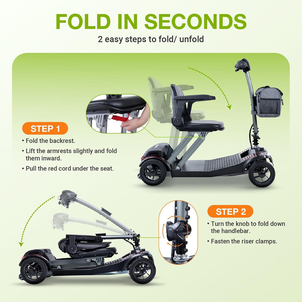 ScootNGo Mobility Scooter for Seniors & Adults Foldable, Airline Approved, 44Lbs Lightweight 4 Wheel Electric Scooter, Portable for Travel, with Removable Battery & USB Port