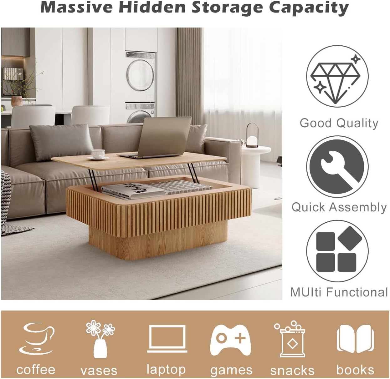Lift Coffee Table with Storage & Adjustable Height, Solid Wood Coffee Table Fluted Center Table Accent Tea Table or Living Room, Apartment, Office (38.6' Natural)