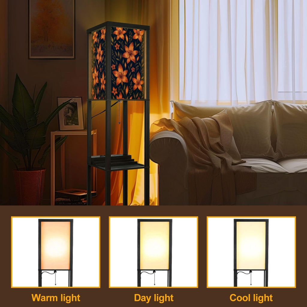 Floor Lamp with Shelves Watercolor Made Tiger Lilies Wild Herbs Standing Tall Lamp USB Ports & Power Outlet Modern Corner Lamp Nightstand Light for Living Room Bedroom