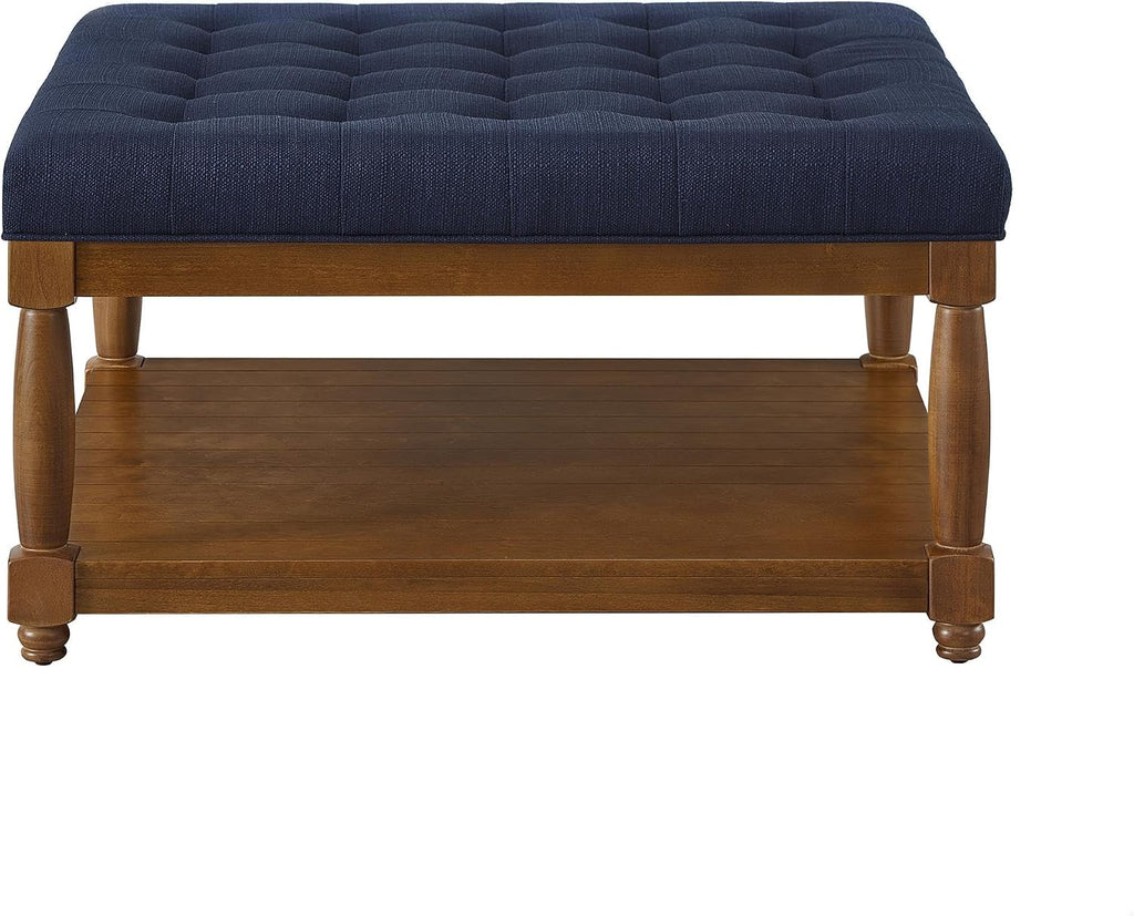 GDFStudio Large Square Upholstered Tufted Linen Ottoman Coffee Table with Solid Wood Frame and Open Storage Shelf, Nailhead Trim Accent Footrest for Living Room, Navy Blue