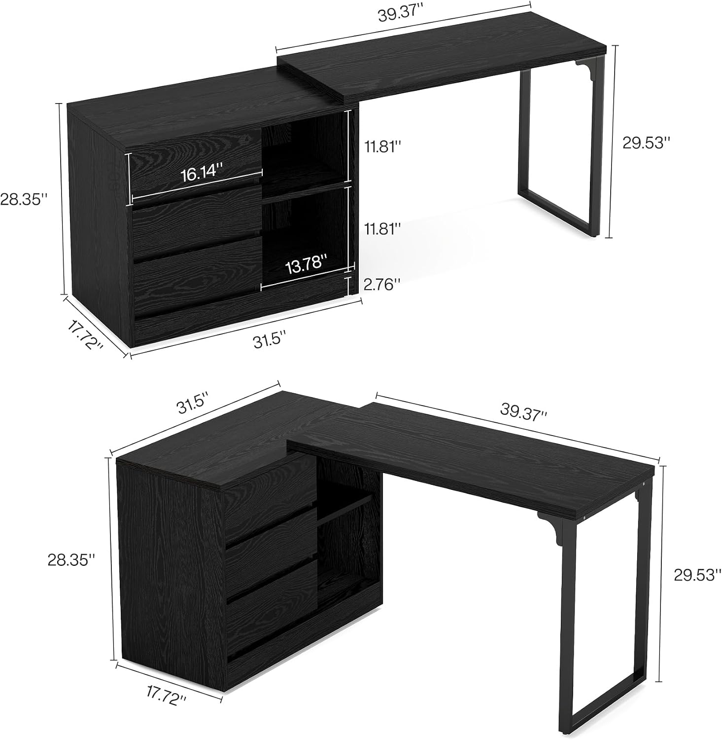 Tribesigns Vanity Desk with 3 Drawers and 2 Shelves, Small Makeup Vanity Table with Reversible Storage Cabinet, Modern Corner Dressing Table for Bedroom, Makeup Room (Without Mirror) (Black)