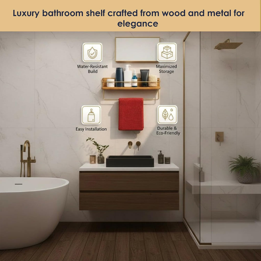 HOMORA Solid Wood Bathroom Shelf with Gold Towel Bar – Wall Mounted Toiletry Organizer, Walnut-Style Wall Shelf for Bathroom & Kitchen Storage, Wooden Shelf with Brass Rail