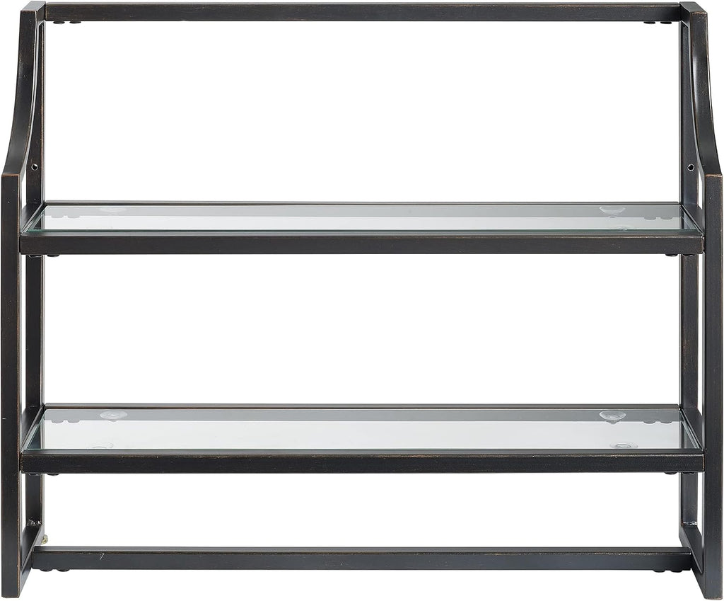 Afuera Living 2-Shelf Modern Metal Wall Shelf, Oil Rubbed Bronze Finish, Steel Frame with Tempered Glass Shelves, 19' H x 24' W x 6' D, Includes Towel Bar, Art Deco Bathroom Storage Display