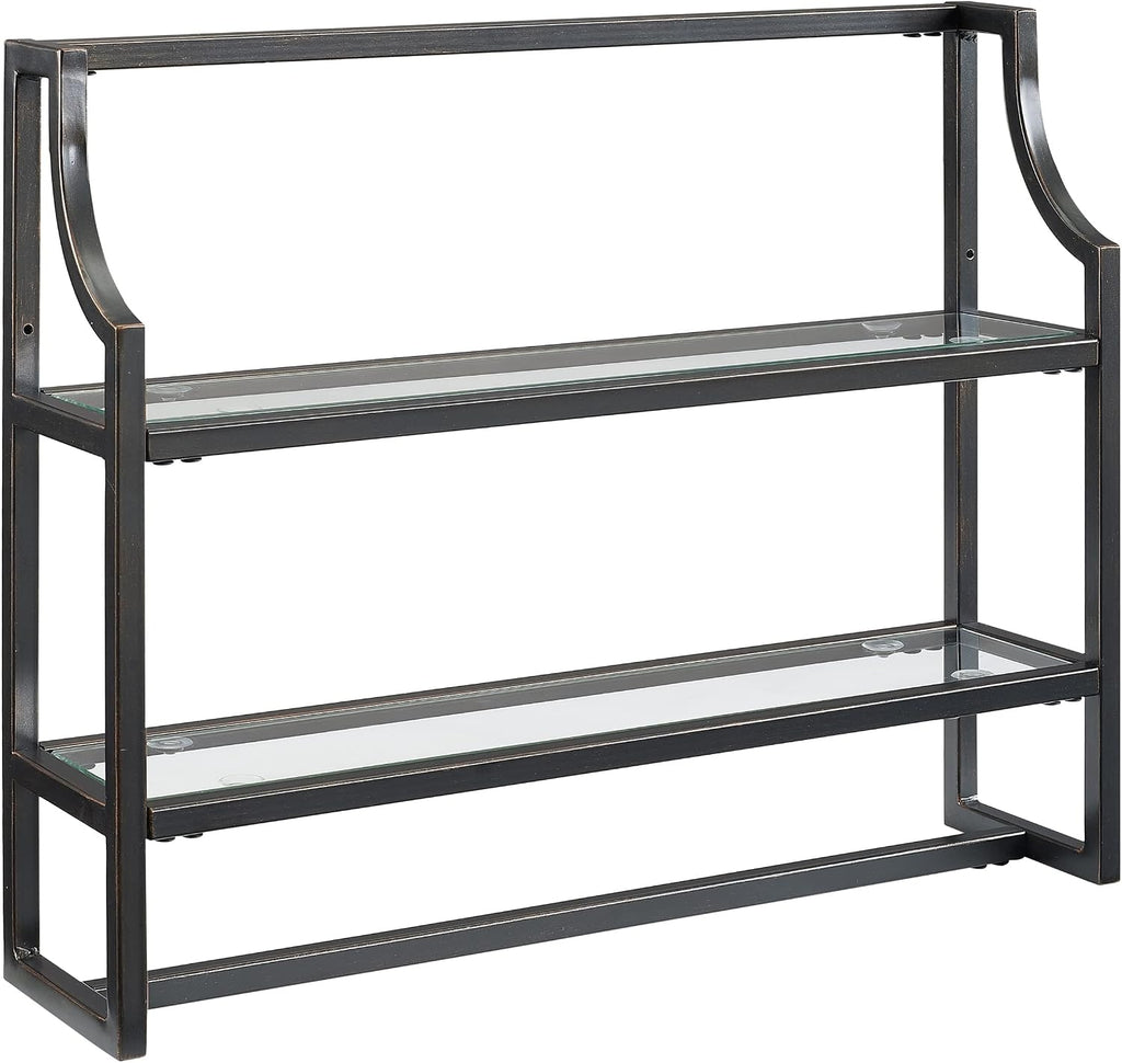 Afuera Living 2-Shelf Modern Metal Wall Shelf, Oil Rubbed Bronze Finish, Steel Frame with Tempered Glass Shelves, 19' H x 24' W x 6' D, Includes Towel Bar, Art Deco Bathroom Storage Display