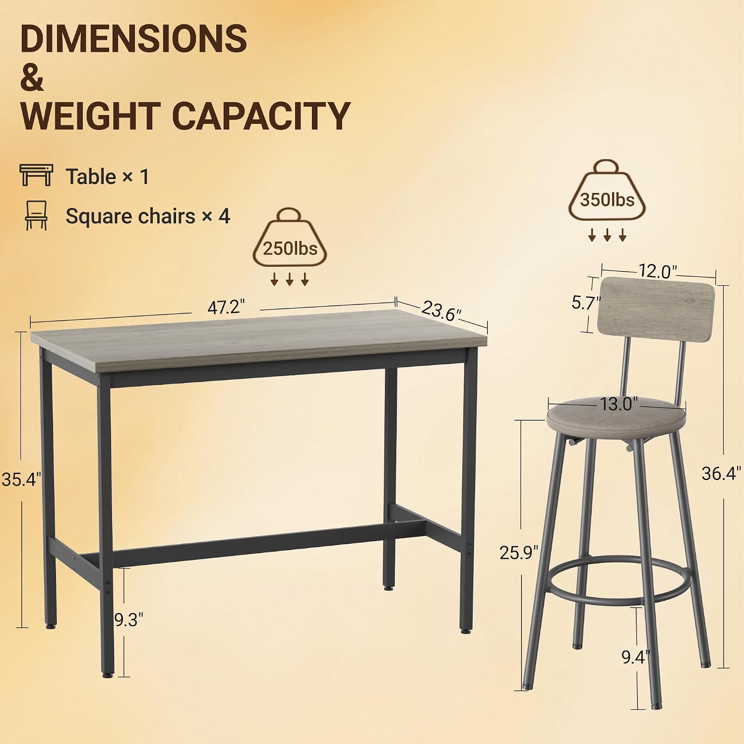 Elevon 47 in Long Bar Table Set with 4 PU Leather Bar Stools, Dining Table and Chair Sets, Industrial Tall Coffee Table and Back Chair for Kitchen, Living Room, Party Room, Pub, Rustic Gray
