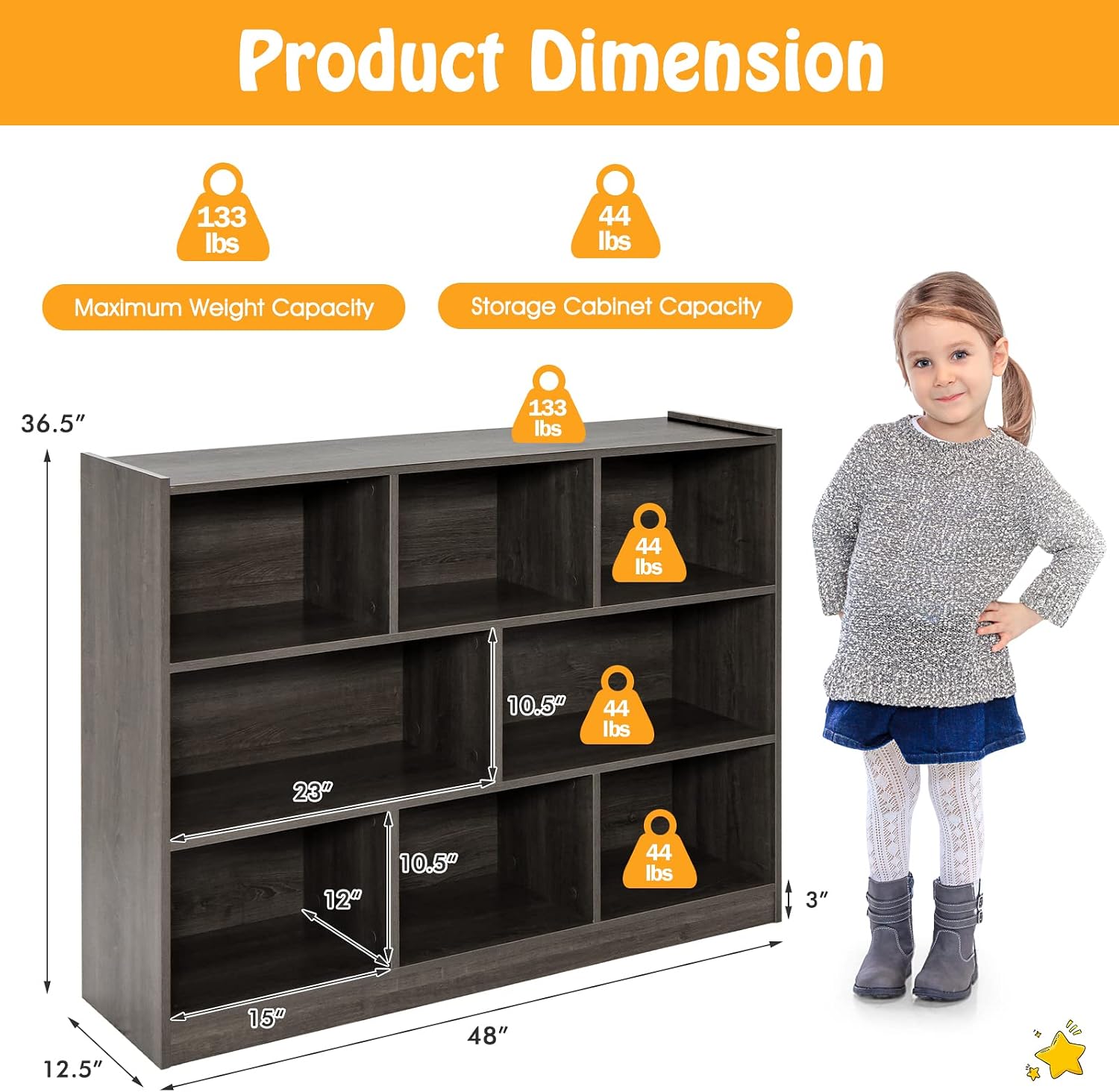 KOTEK Toy Storage Organizer, 8 Cubby Kids Bookshelf, Wooden 4-Tier Bookcase Storage Cabinet, Open Display Book Shelf for Daycare, Nursery, School, Classroom, Playroom (Grey, 8 Cubes)