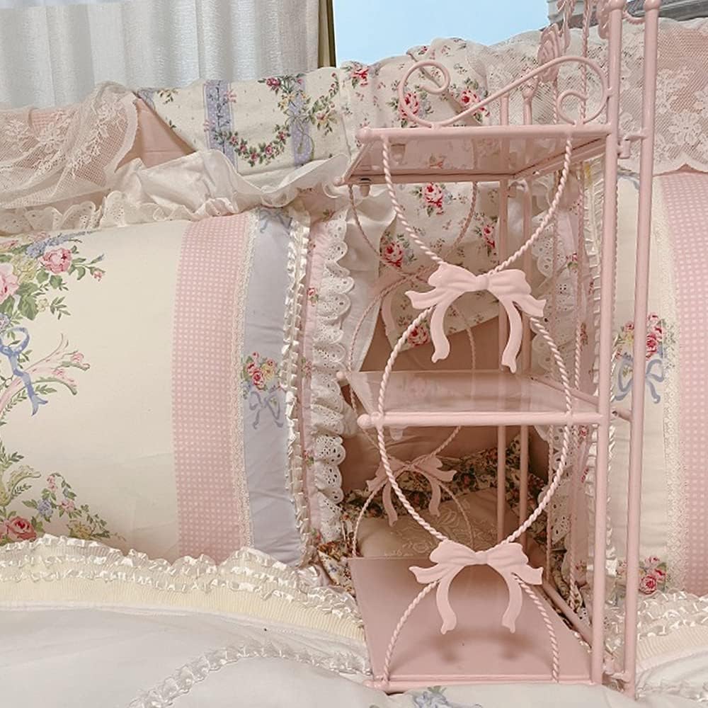 BOOMALTU Cute 3-Tier Folding Metal Shelving Bathroom Shelf,Pink Bookshelf with Bow and Flowers Decor for Storage and Display in Living Room, Bathroom, Office, Kitchen