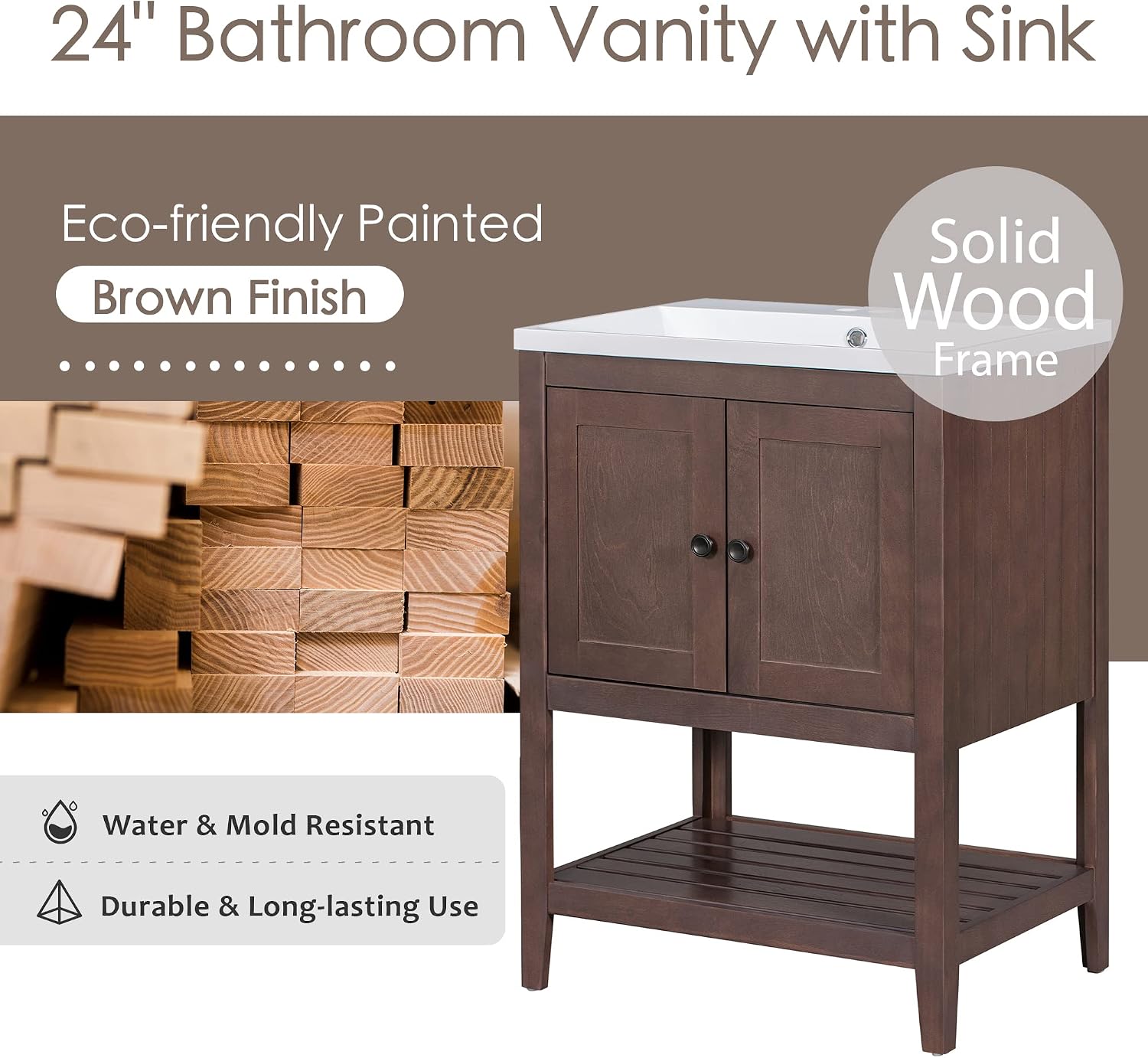 Merax 24 Inch Bathroom Vanity with Sink Set Combo, Cabinet with Doors and Open Shelf, Solid Wood Frame with Painted Finish, Modern Style
