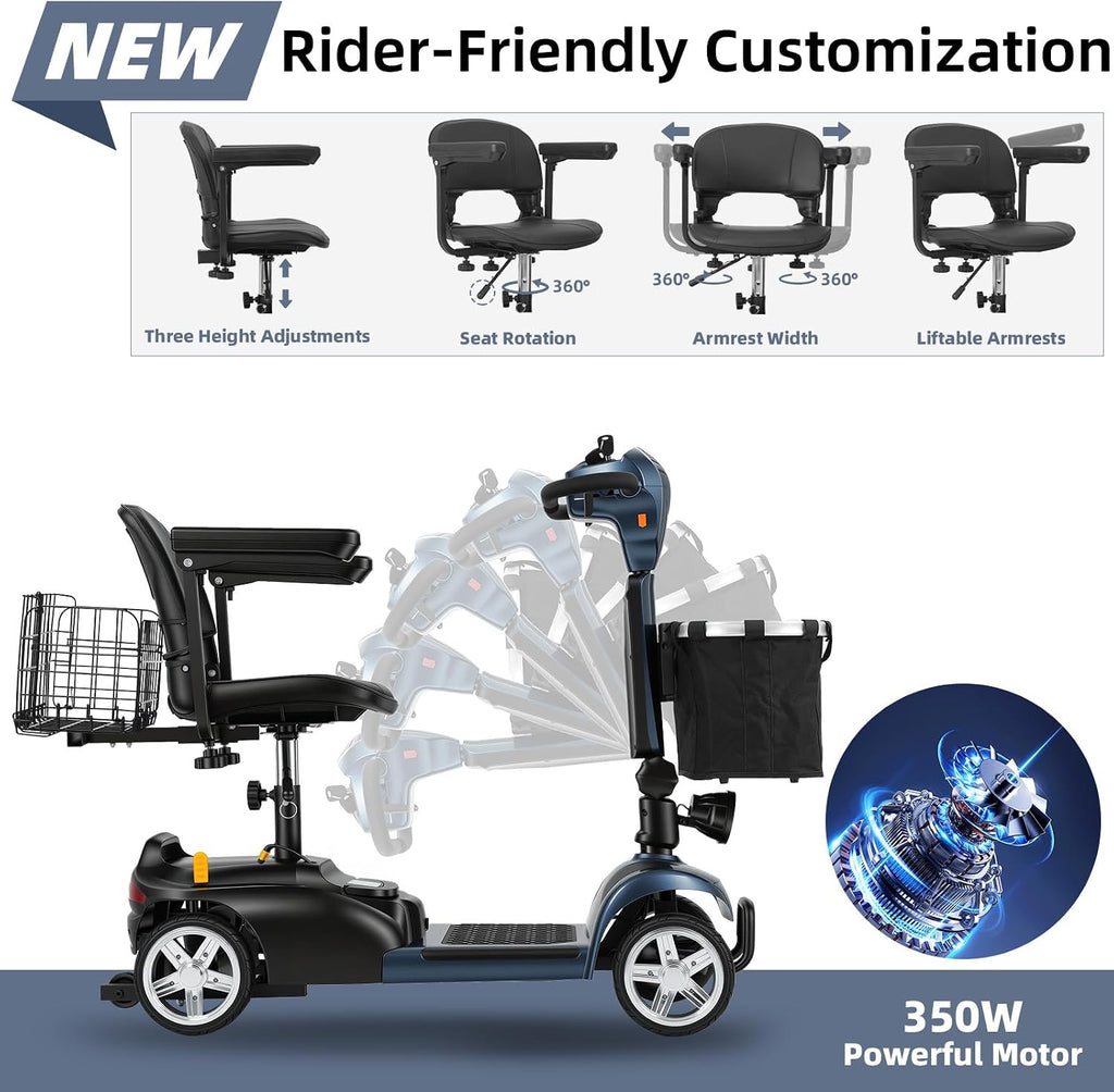 20 Miles 4 Wheels Mobility Scooter for Seniors/Adults Up to 300LBS,350W Electric Wheelchair Detachable Lithium Battery,Dual Baskets,Rotating Seat,with Taillight, USB Charging, Gray 18AH