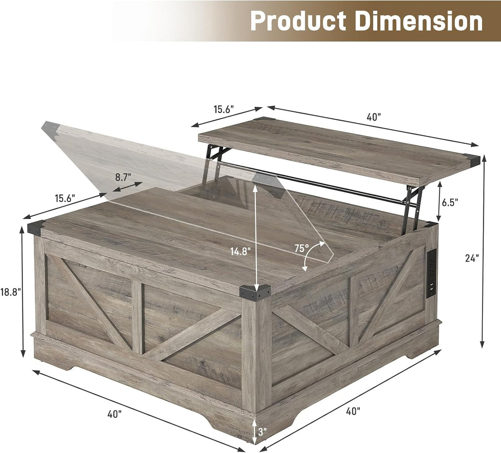 Hlivelood 40' Large Farmhouse Lift Top Coffee Table with Power Outlets and Large Hidden Storage, Square Wood Living Room Tables, Multi-Function Lift Wooden Barn Door Center Table, Grey