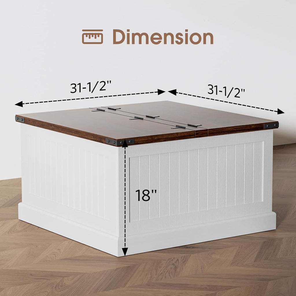 Farmhouse Coffee Table with Storage, Square Wood Coffee Tables for Living Room, Large Center Table with Flip-Top Lid, 31.5 Inch (White and Rustic Brown)