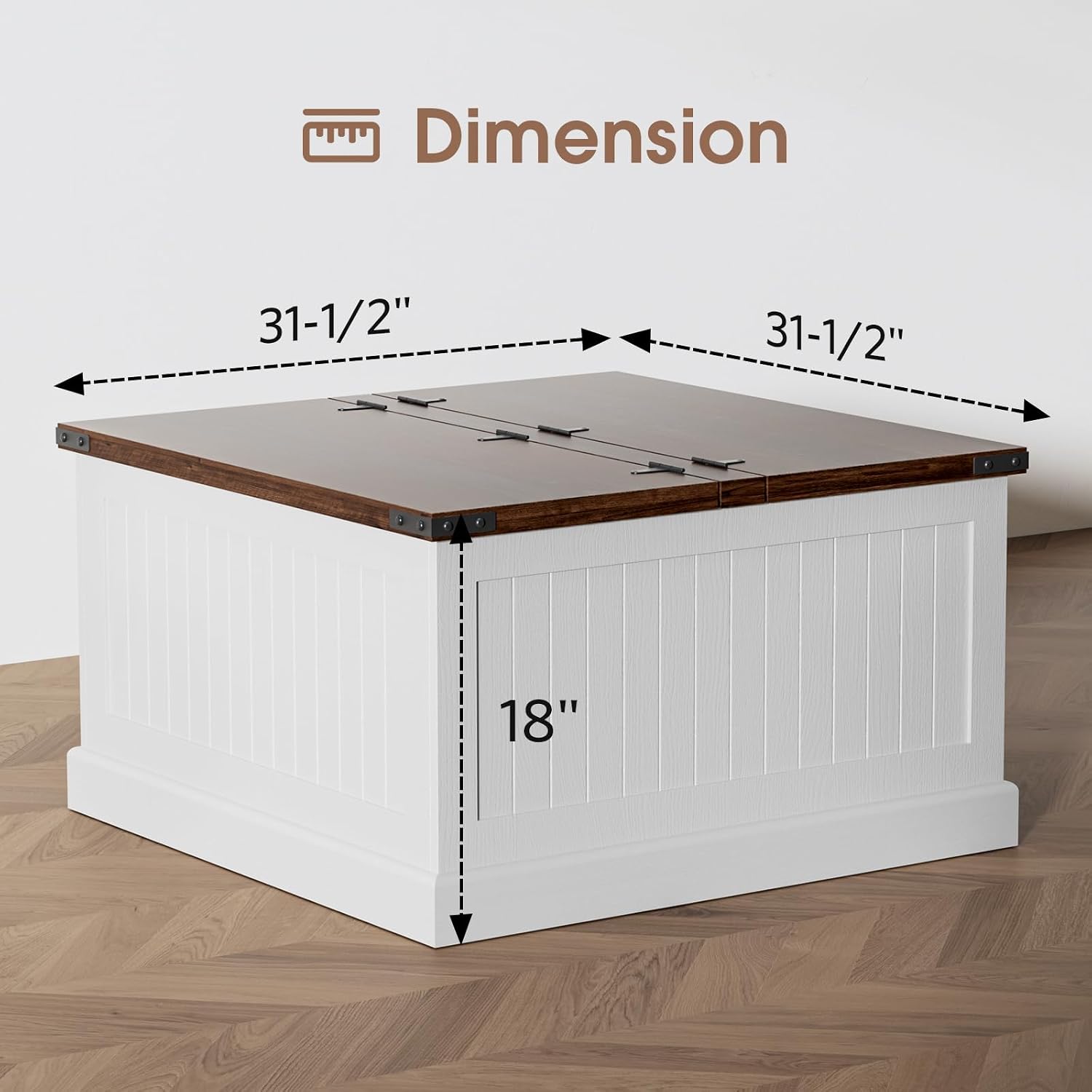 Farmhouse Coffee Table with Storage, Square Wood Coffee Tables for Living Room, Large Center Table with Flip-Top Lid, 31.5 Inch (White and Rustic Brown)
