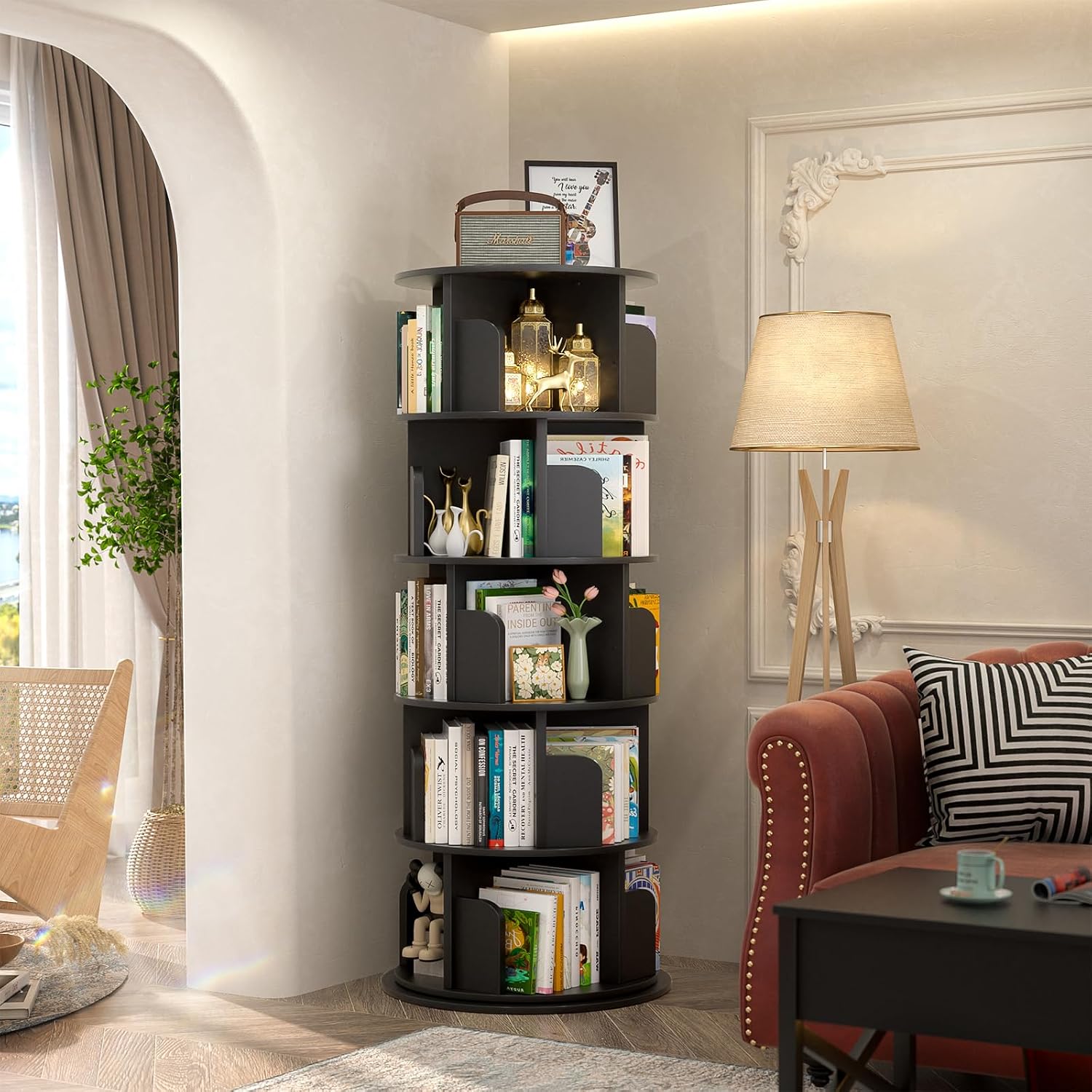 Aheaplus 5 Tier Rotating Bookshelf, Wood Spinning Bookshelf Tower, Round Revolving 360 Bookcase, Narrow Turning Book Shelf Rolling Corner Organizer for Small Space, Bedroom, Office, Black