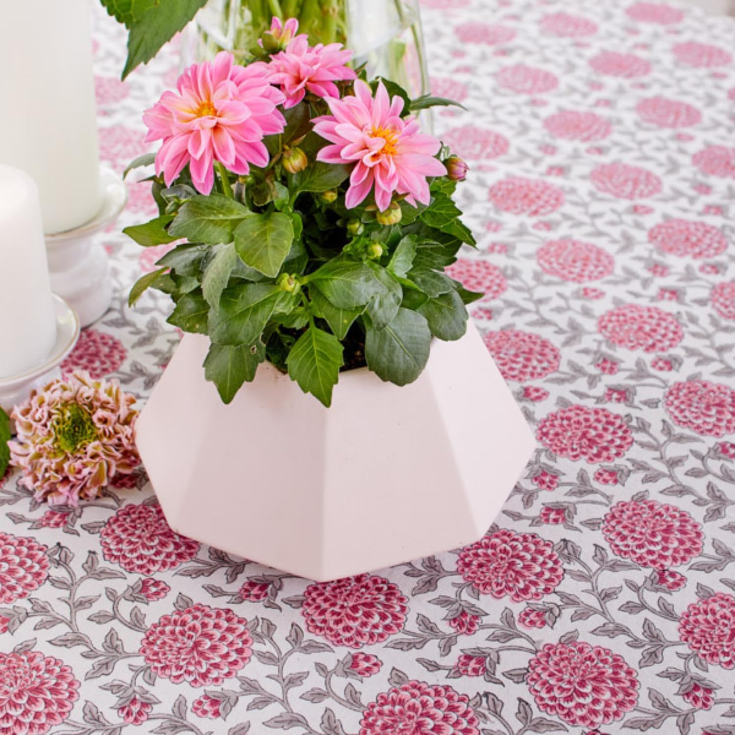 Saffron Marigold Round Hand Block Printed Tablecloth - Pink Dahlia Daydreams Luxurious 100% Cotton, Washable, for Home Decor, Kitchen, Coffee Or Dining Table 70 Inch