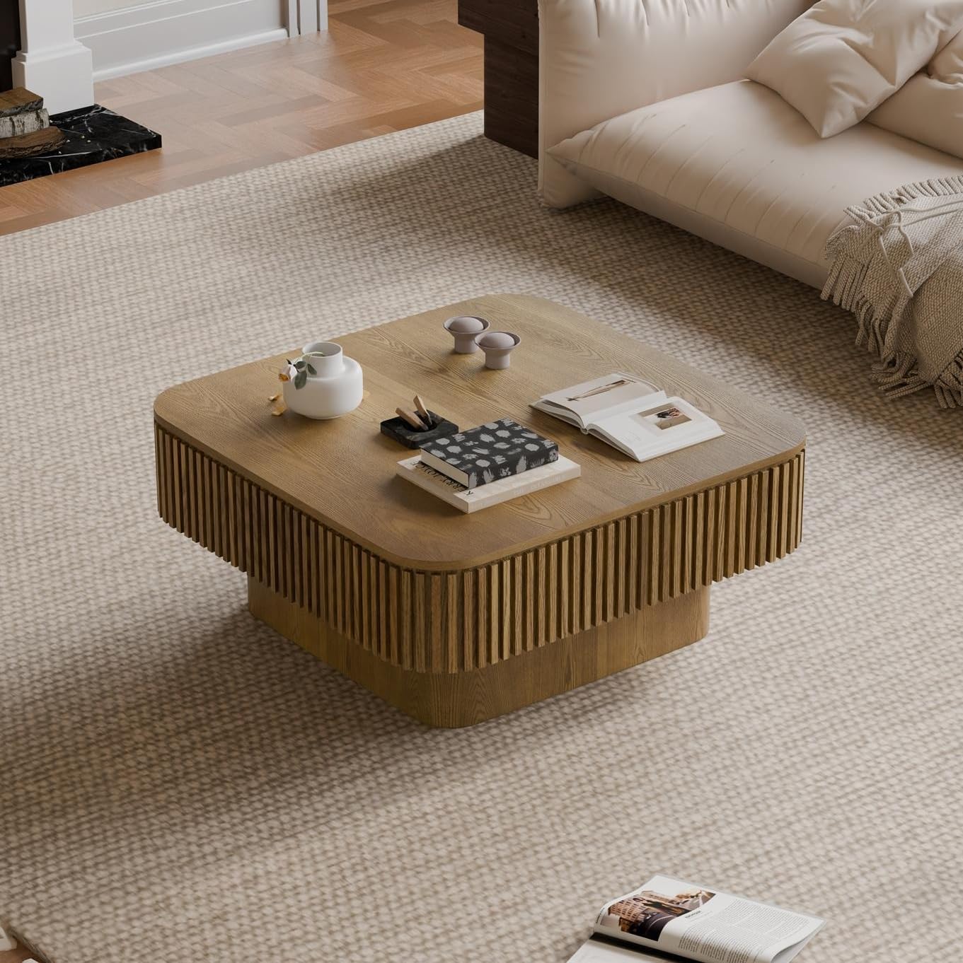 Square Coffee Table for Living Room,Fluted Drum Accent Tea Center Table with Storage,Solid Wood Modern Coffee Tables for Small Space Office Apartment (31.5' L×31.5''W×14''H-Brown)