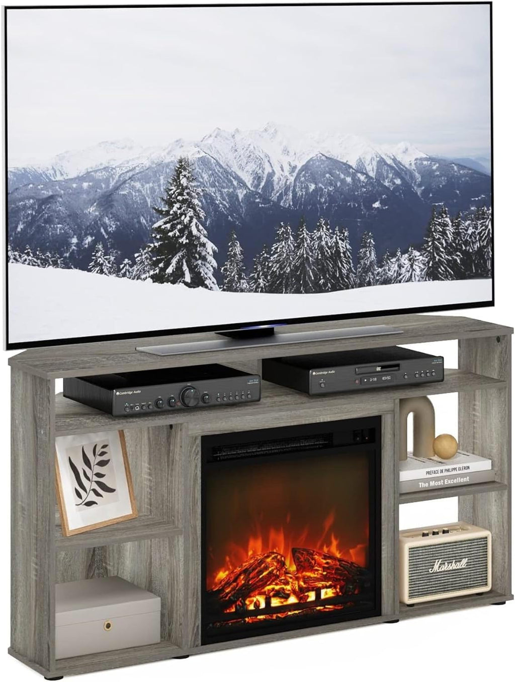 HomeStock Electric Fireplace TV Stand - Corner Entertainment Center for TVs up to 55 Inch French Oak Grey/Corner with Top Shelf