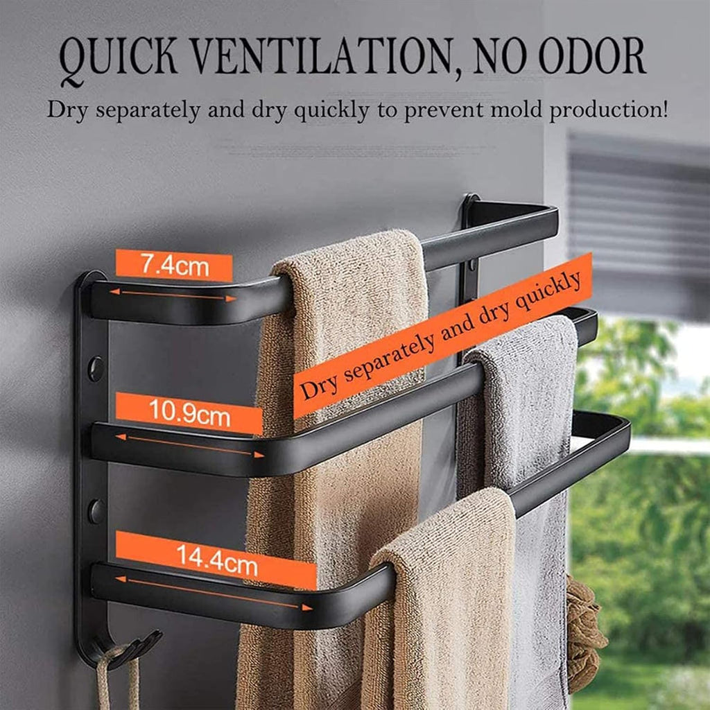 Matte Black Aluminum Wall-Mounted Double Towel Rail - Self-Adhesive Bathroom STO Rack Holder for Space-Saving nizat (80cm)
