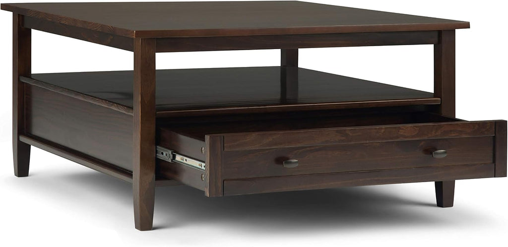 SIMPLIHOME Warm Shaker Square Coffee Table - 36 inch Wide Solid Wood Cocktail Table in Tobacco Brown, Transitional Living Room Table with Large Storage Drawer and Open Shelf for Sitting Area