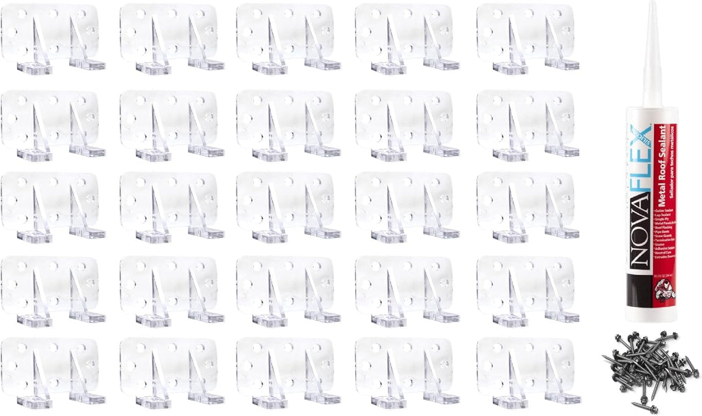 Clear Plastic Keystone 25 Piece Jumbo Snow Guards with Mechanical Fastening Mounting Hardware Kit - Includes (50) 2' #14 Self-tapping Screws with Neoprene Washers for Wood Purlins & (1) Tube Sealant