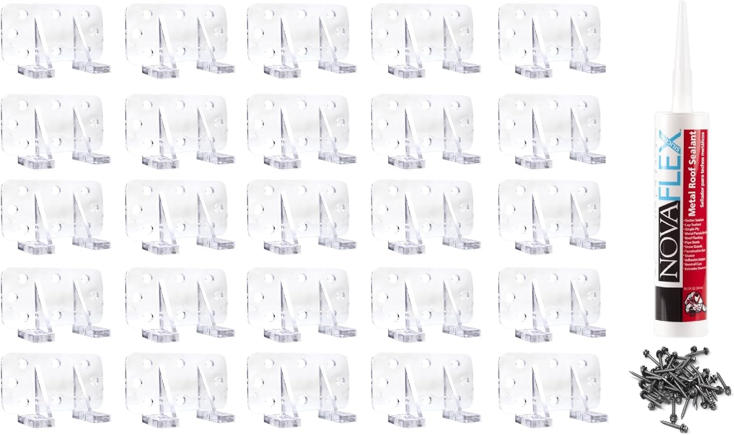 Clear Plastic Keystone 25 Piece Jumbo Snow Guards with Mechanical Fastening Mounting Hardware Kit - Includes (50) 2' #14 Self-tapping Screws with Neoprene Washers for Wood Purlins & (1) Tube Sealant
