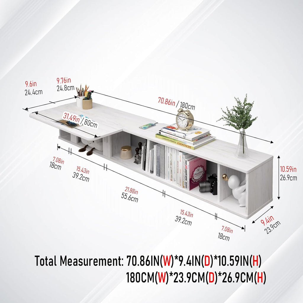 Pmnianhua 70'' Floating Desk with Storage Shelves,Wall Mounted Desk Laptop Computer Writing Study Table for Bedroom Small Space(White)