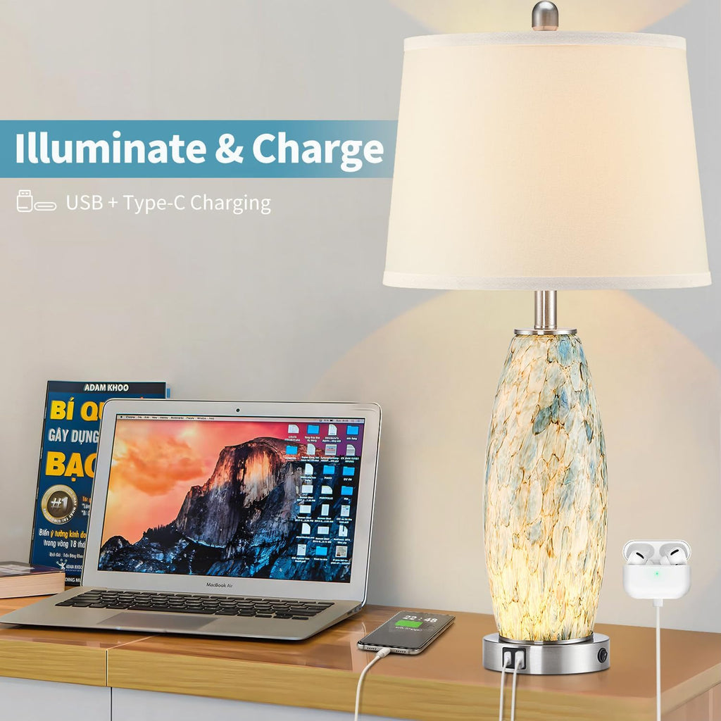 29' Tall Table Lamps Set of 2, Large Modern Lamps for Bedroom with Nightlight, Coastal Bedside Lamps with USB C+A, Glass Nightstand Table Lamps for Living Room, Bulbs Included
