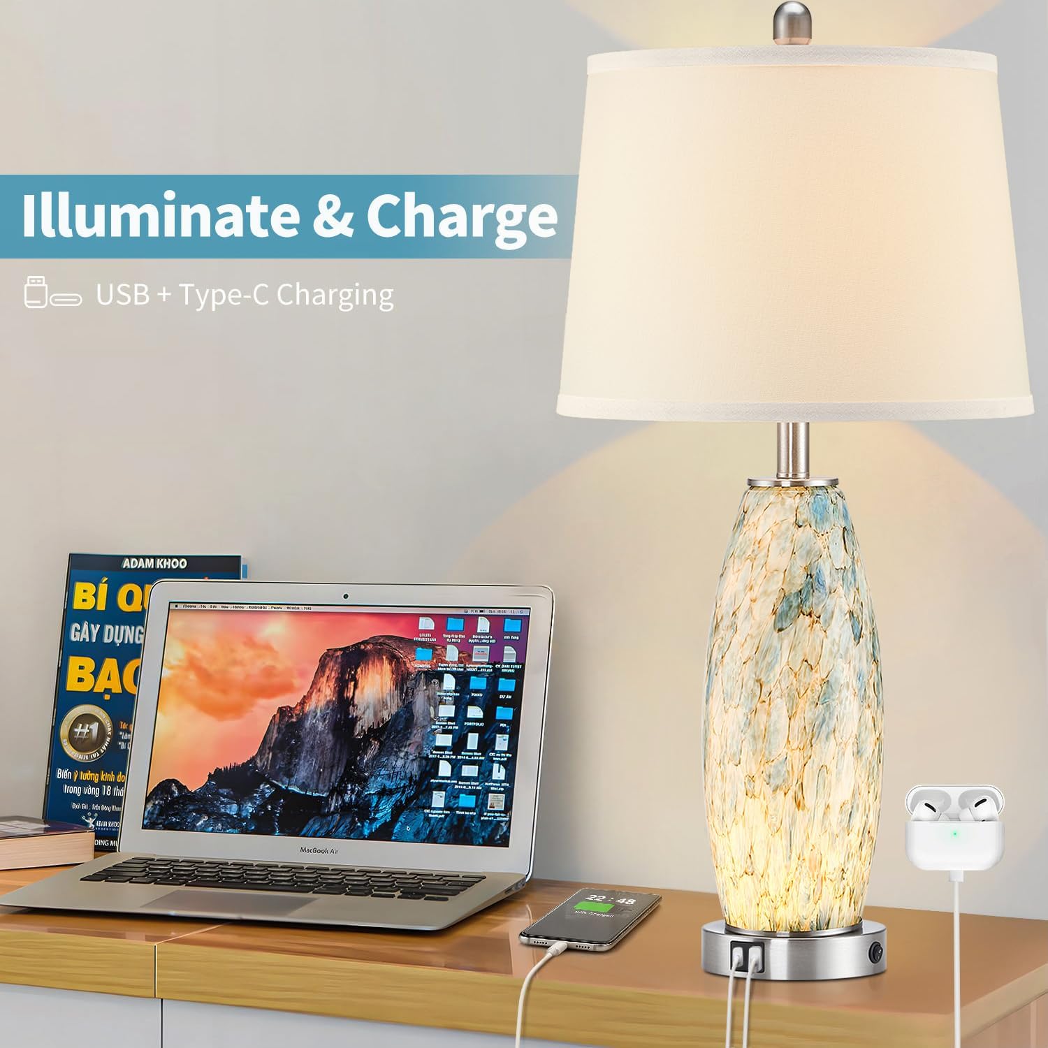 29' Tall Table Lamps Set of 2, Large Modern Lamps for Bedroom with Nightlight, Coastal Bedside Lamps with USB C+A, Glass Nightstand Table Lamps for Living Room, Bulbs Included