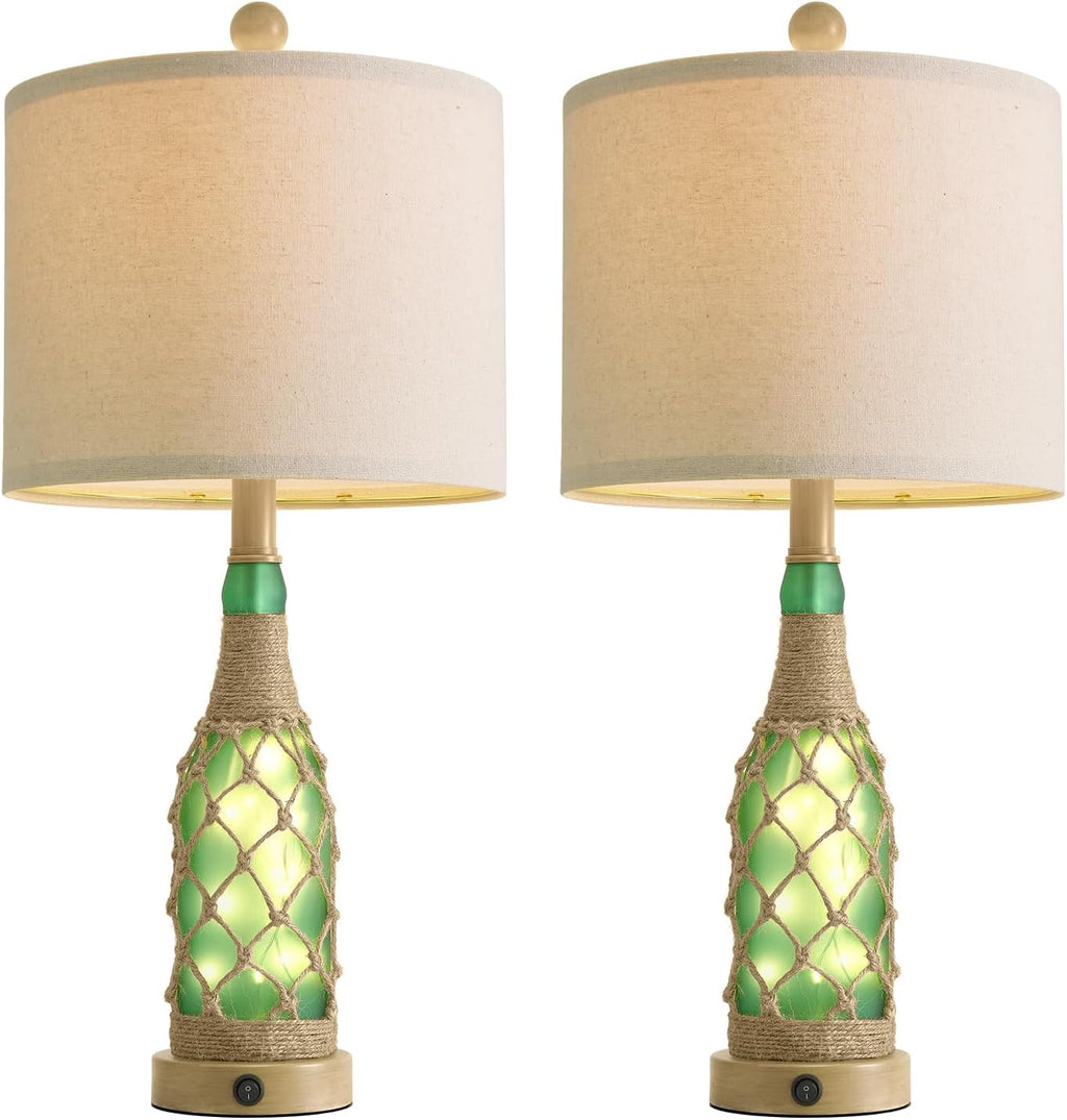 OYEARS 23'' Boho Table Lamps with Night Light for Living Room, Bedside Lamps Set of 2 with A+C Charging Ports for Bedroom, Farmhouse USB Lamps for Nightstand Console, Glass Bottle Rope Base, Green