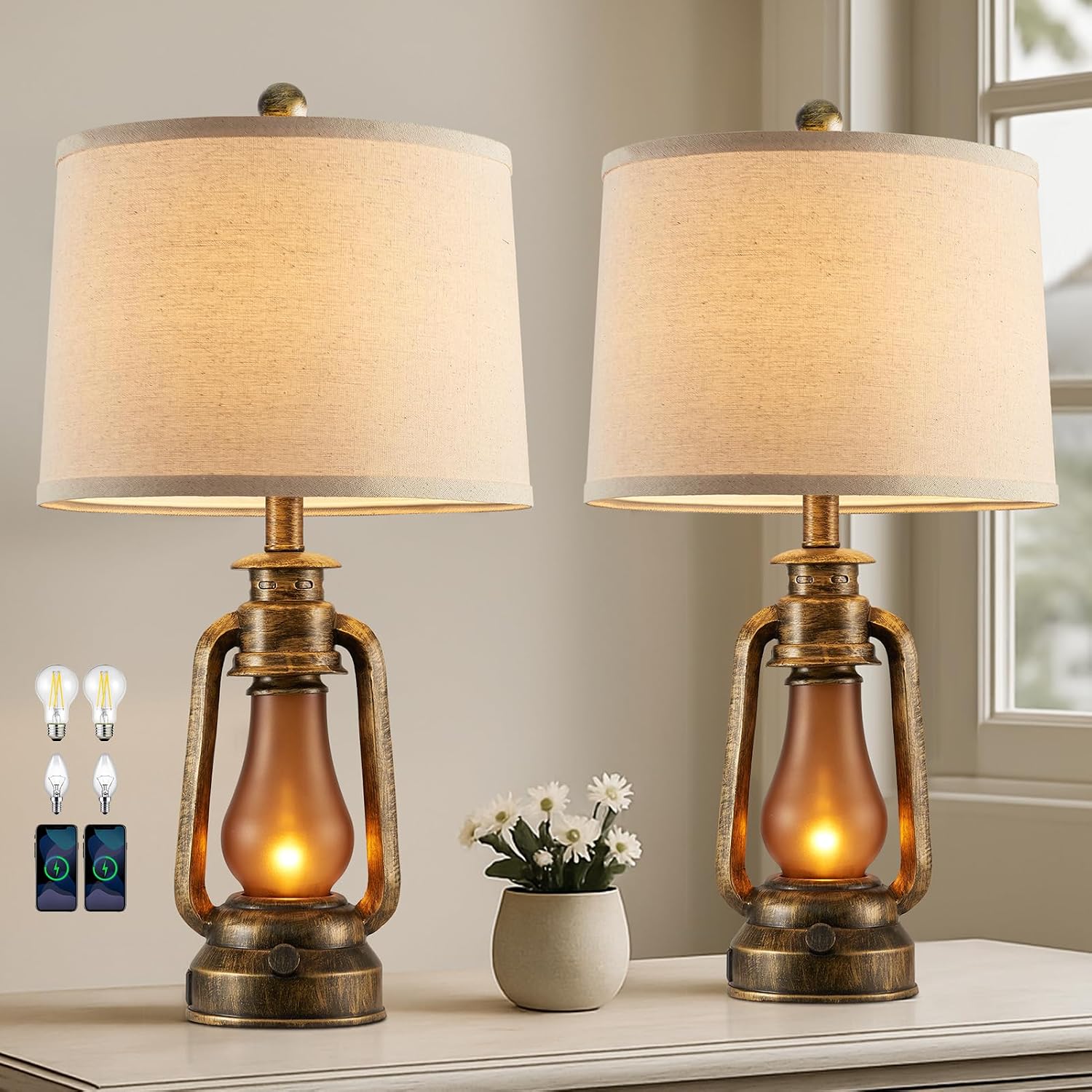 25' Set of 2 Rustic Lantern Table Lamps for Living Room Bedroom, 2 USB Ports Farmhouse Vintage Bedside Desk Lamp Nightlight for Entryway Office End Table, 4 Bulbs Included