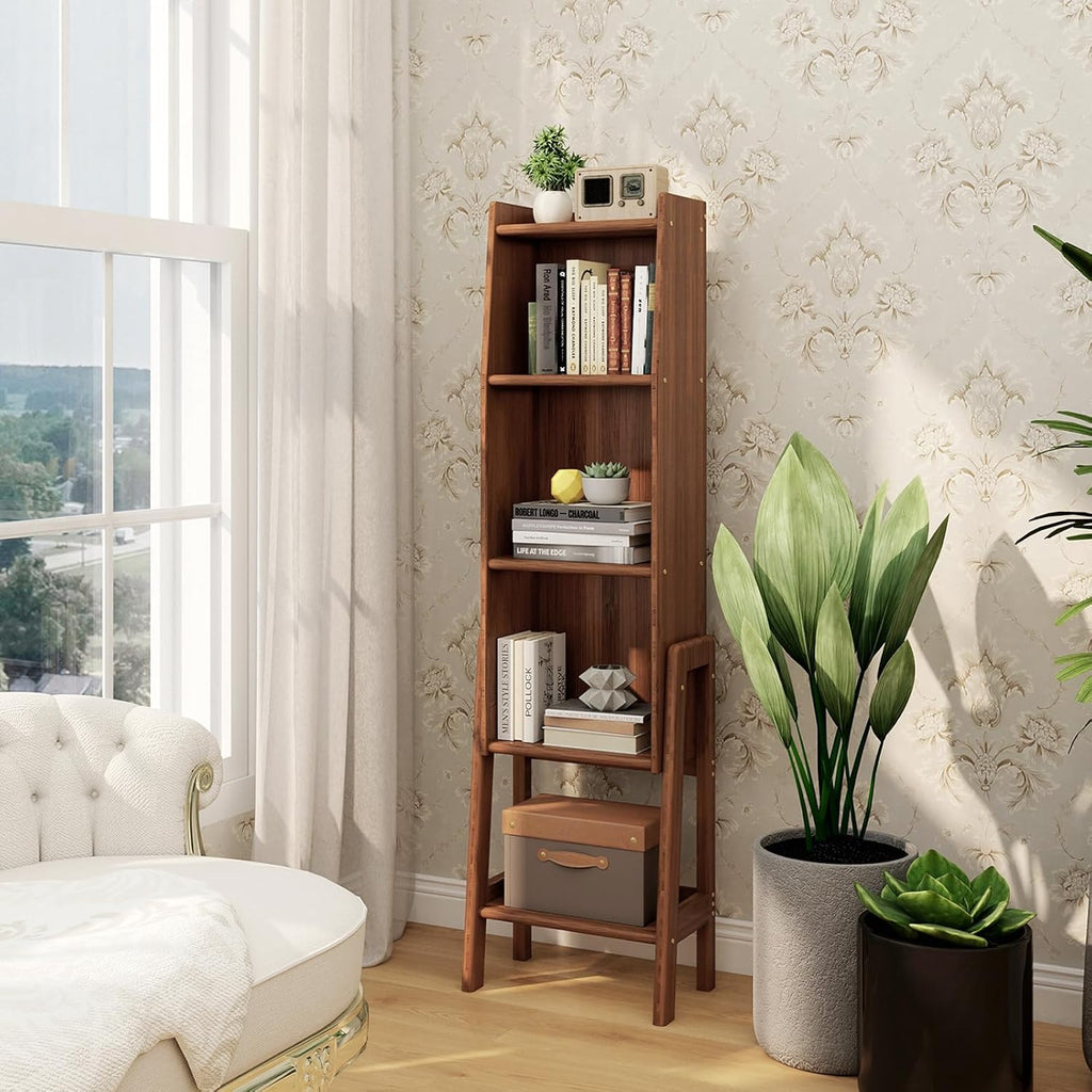 5 Tier Mid Century Bookcase,Open Floor Standing Storage Bookshelf,Modern Organizer Narrow Bookcase,Free Standing Organizer Shelves for Study Living Room Kitchen Office Bedroom Balcony(Brown)