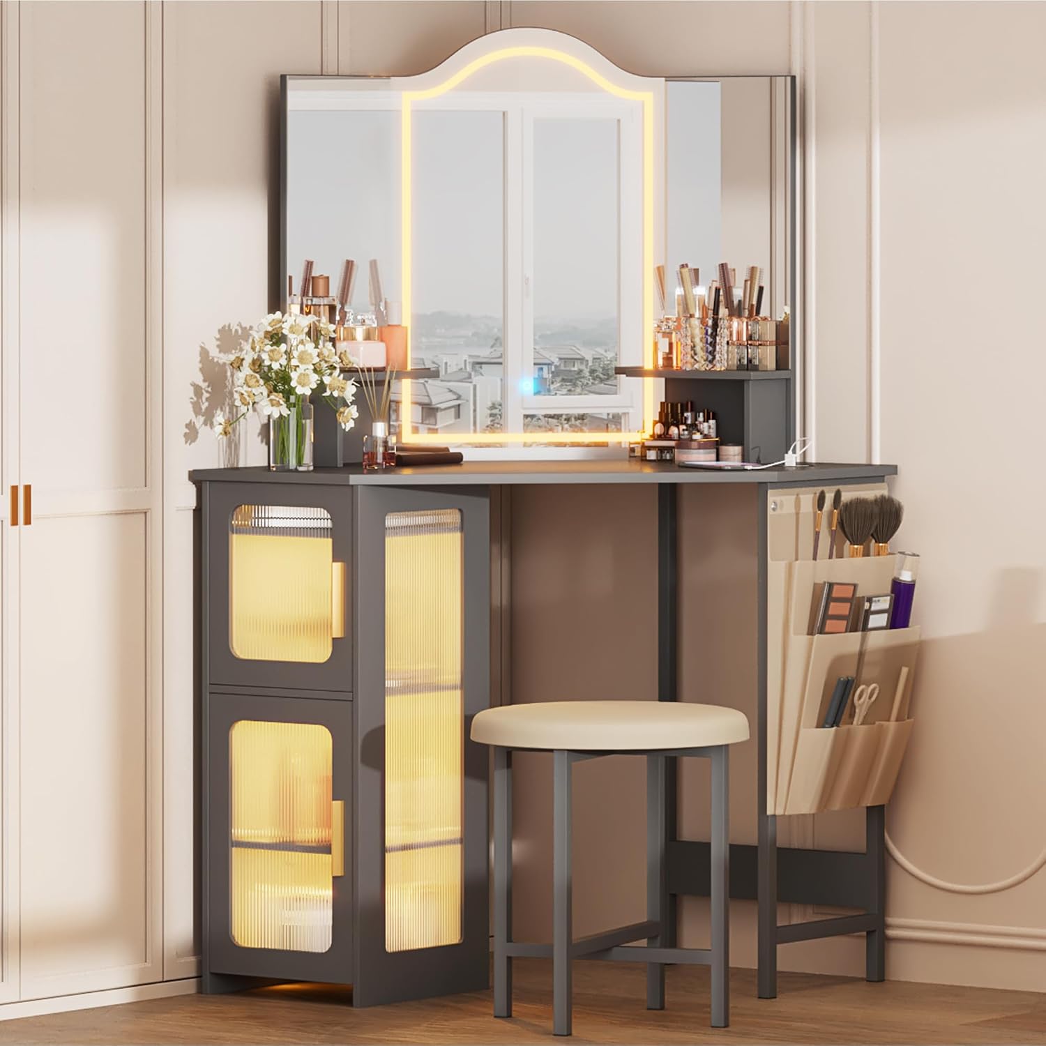 LVSOMT Corner Makeup Vanity Desk with Mirror and Lights, Dressing Table with Charging Station, Makeup Table with Stool, Storage Cabinet and Adjustable Shelf, Bedroom Vanity for Girls Women, Grey