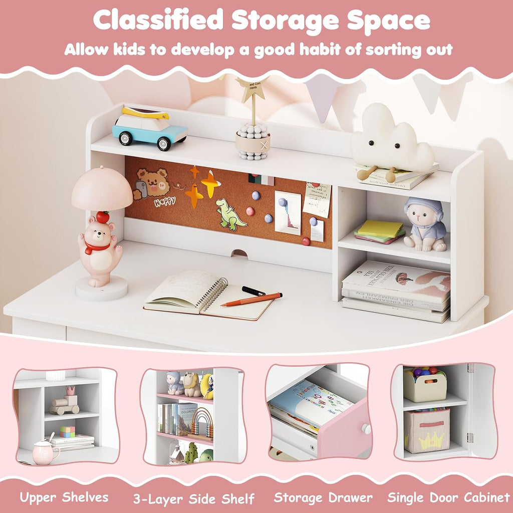 HONEY JOY Kids Desk and Chair Set, Large Wooden Children School Study Table and Chair w/Drawer, Hutch, Storage Shelves, Student Writing Desk Computer Workstation for Bedroom, 7+ Years Old (Pink)